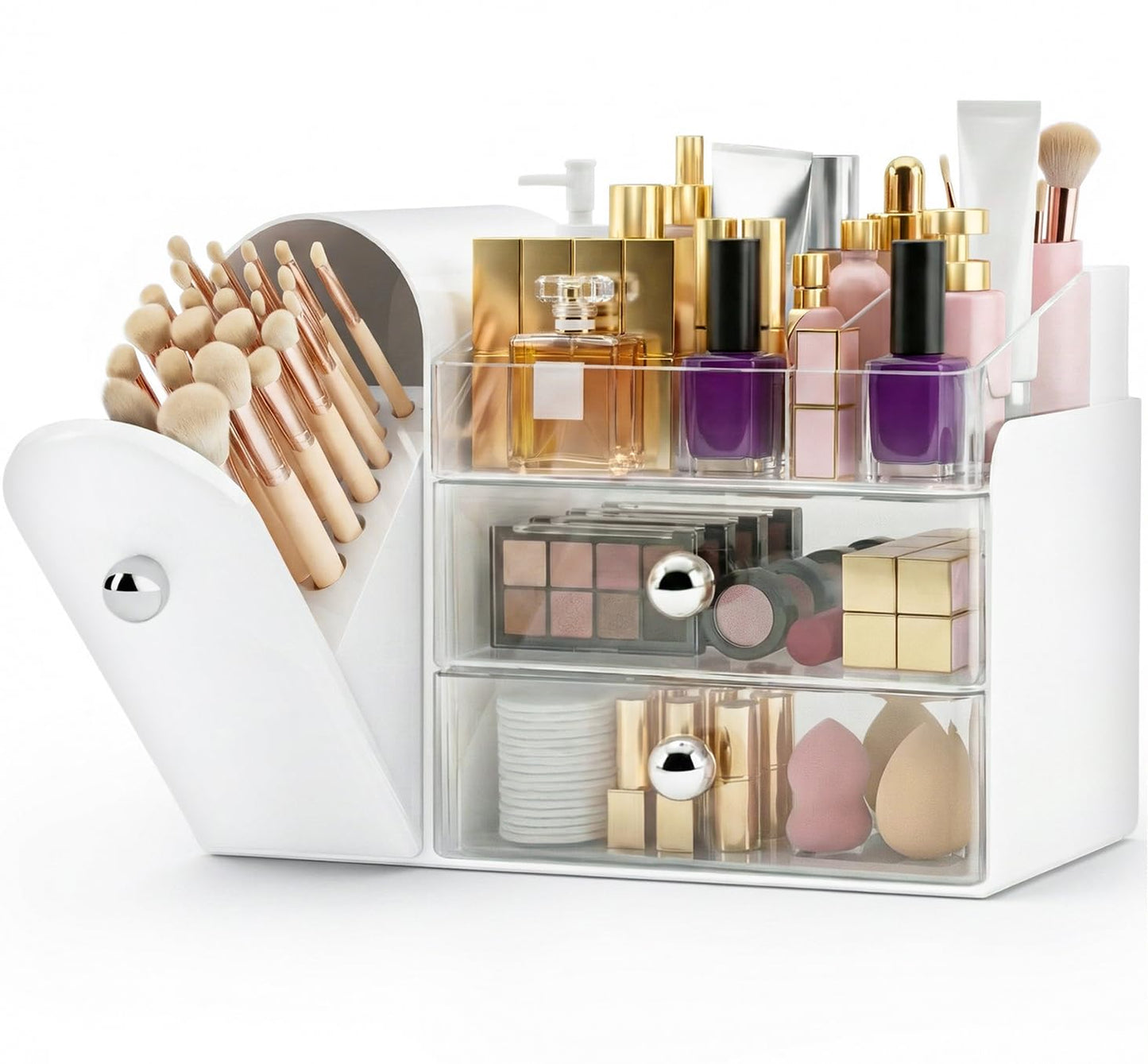 Makeup Organizer Countertop with Makeup Brush Holder,White