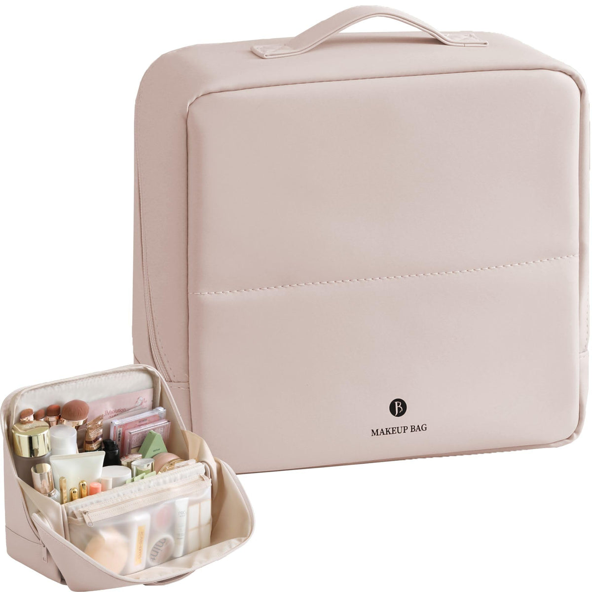 tianzong Travel Makeup Bag with Magnetic Fold-Down Flap, Waterproof Leather Cosmetic and Toiletry Organizer for Women, Multi-Zone Standing Storage, Dusty Rose, Large