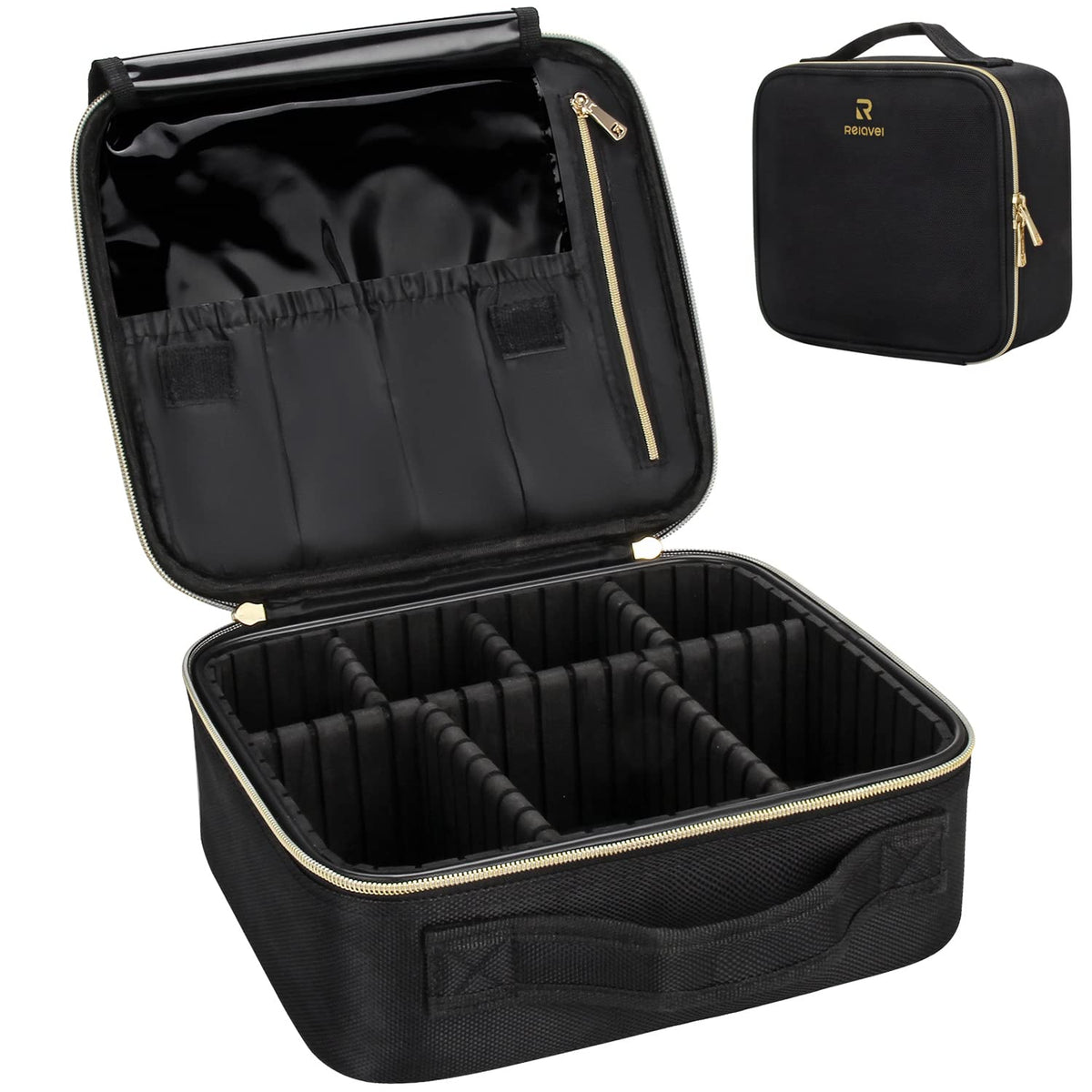 Relavel Makeup Bag Travel Train Case Cosmetic Organizer with Divider, Black