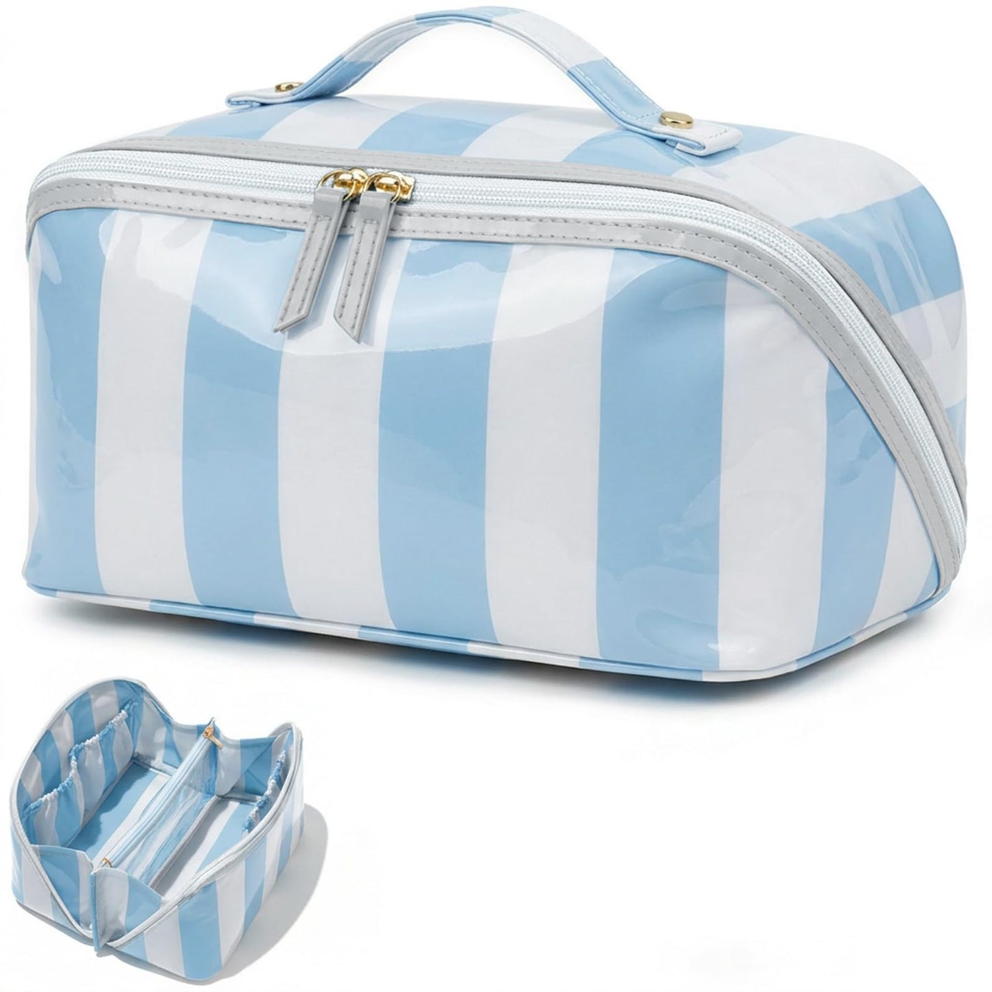 Preppy Stripe Clear Travel Makeup Bag, Waterproof Glossy PVC Cosmetic Organizer with Handle, Large Capacity Toiletry Bag for Women,Travel Organizer Zipper Pouch Beach Vacation Essentials (Pink White)