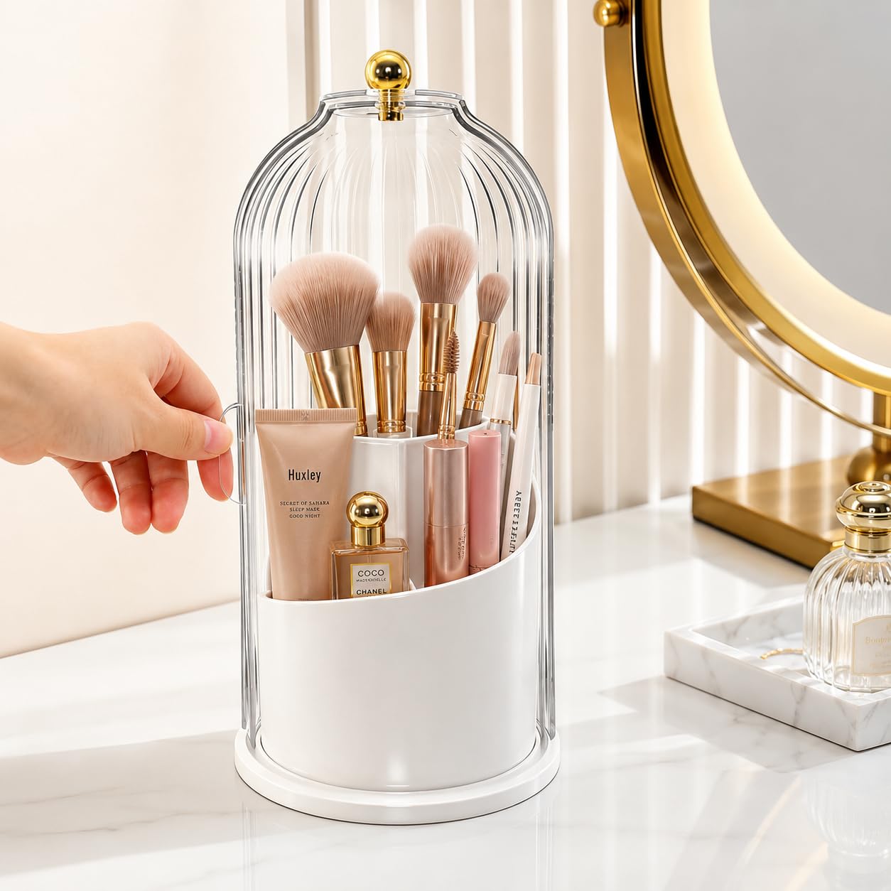 Makeup Brush Holder with 360° Rotating Base, Dustproof Cover