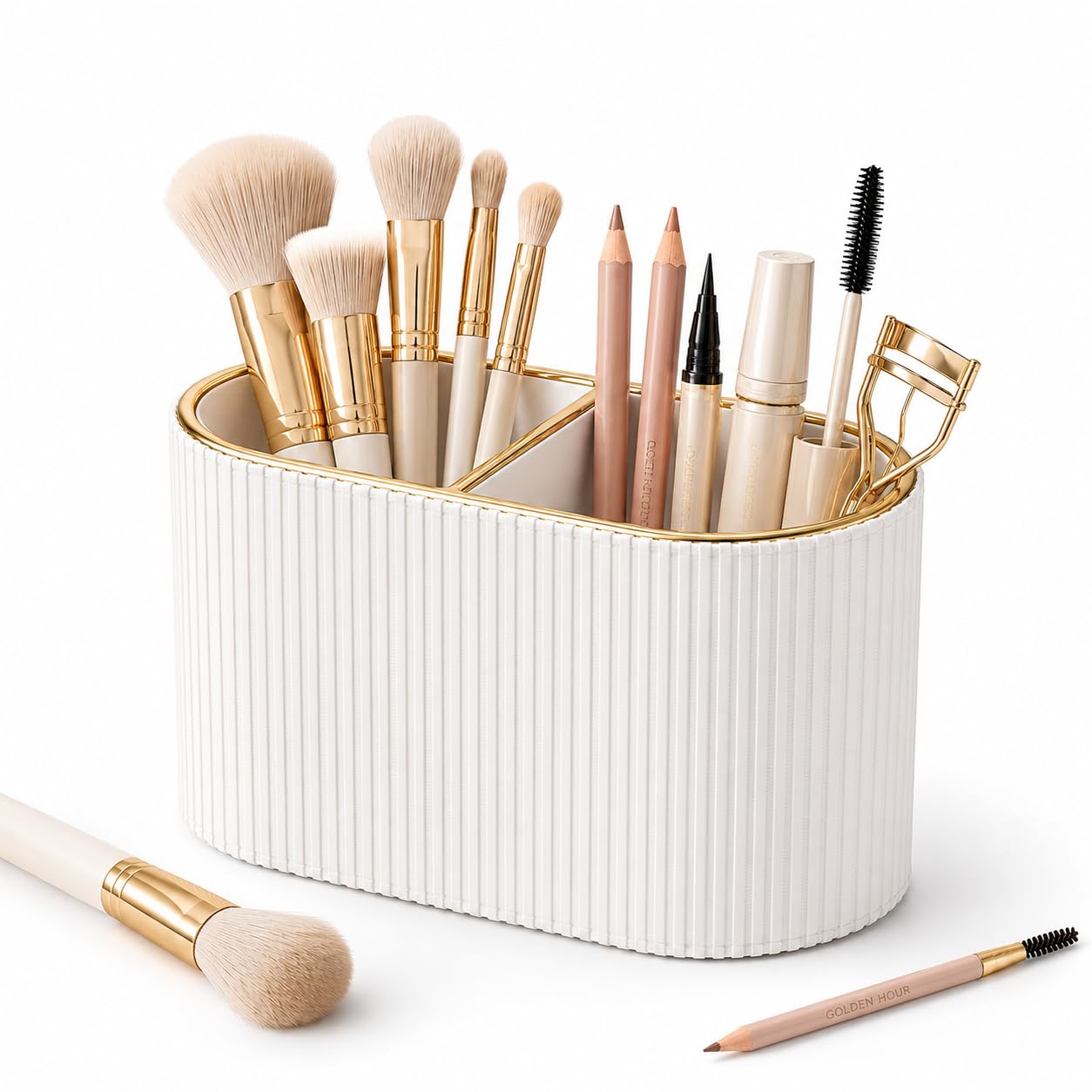 GORESE Makeup Brush Holder Organizer with 2 Slots, PU Leather Small Make Up Organizer for Vanity Countertop, Makeup Brush Cup for Bathroom & Dresser Counter, Gift for Women(Beige)