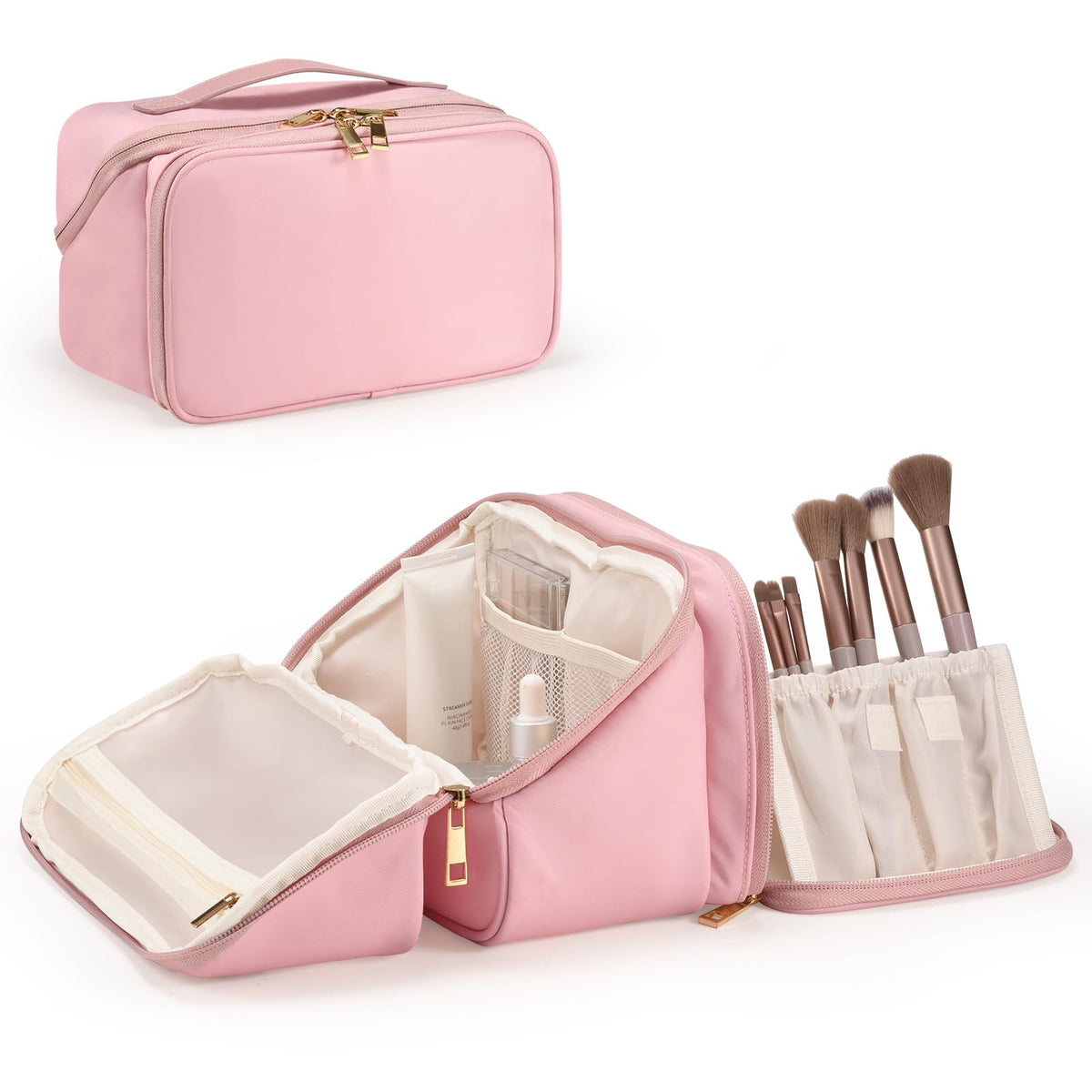 HauteHues Travel Makeup Bag for Women, Large Capacity Cosmetic Organizer & Toiletry Bag with Wide-Open Design, with Brush Holders & Compartments, Waterproof Case for Makeup & Skincare, Blue