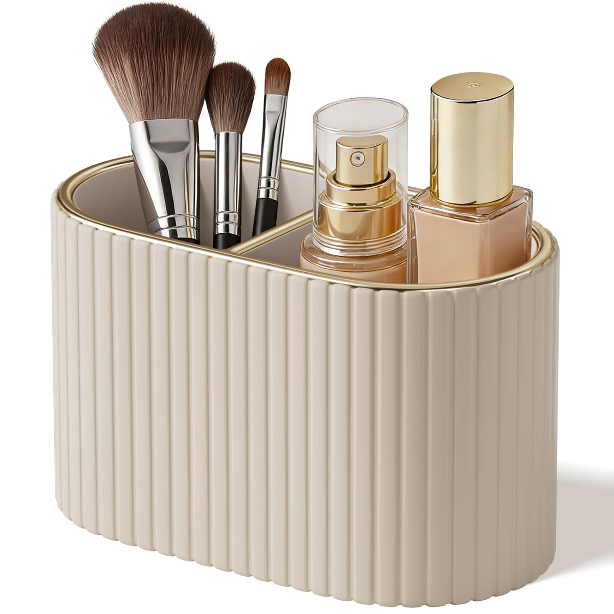 KINGFOM Makeup Brush Holder Organizer with Divider, PU Leather Vanity Brush Holder for Bathroom Countertop & Dressing Table, Cosmetic Desktop Storage Caddy for Makeup Tools Oval, Gift for Women Beige