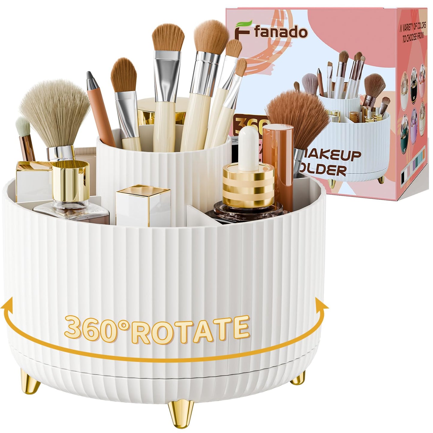 fanado 360° Rotate Makeup Brush Holder Organizer, Makeup Organizers Countertop, Makeup organization and Skincare Storage for Vanity, Desktop, Bathroom (Clear Amber)