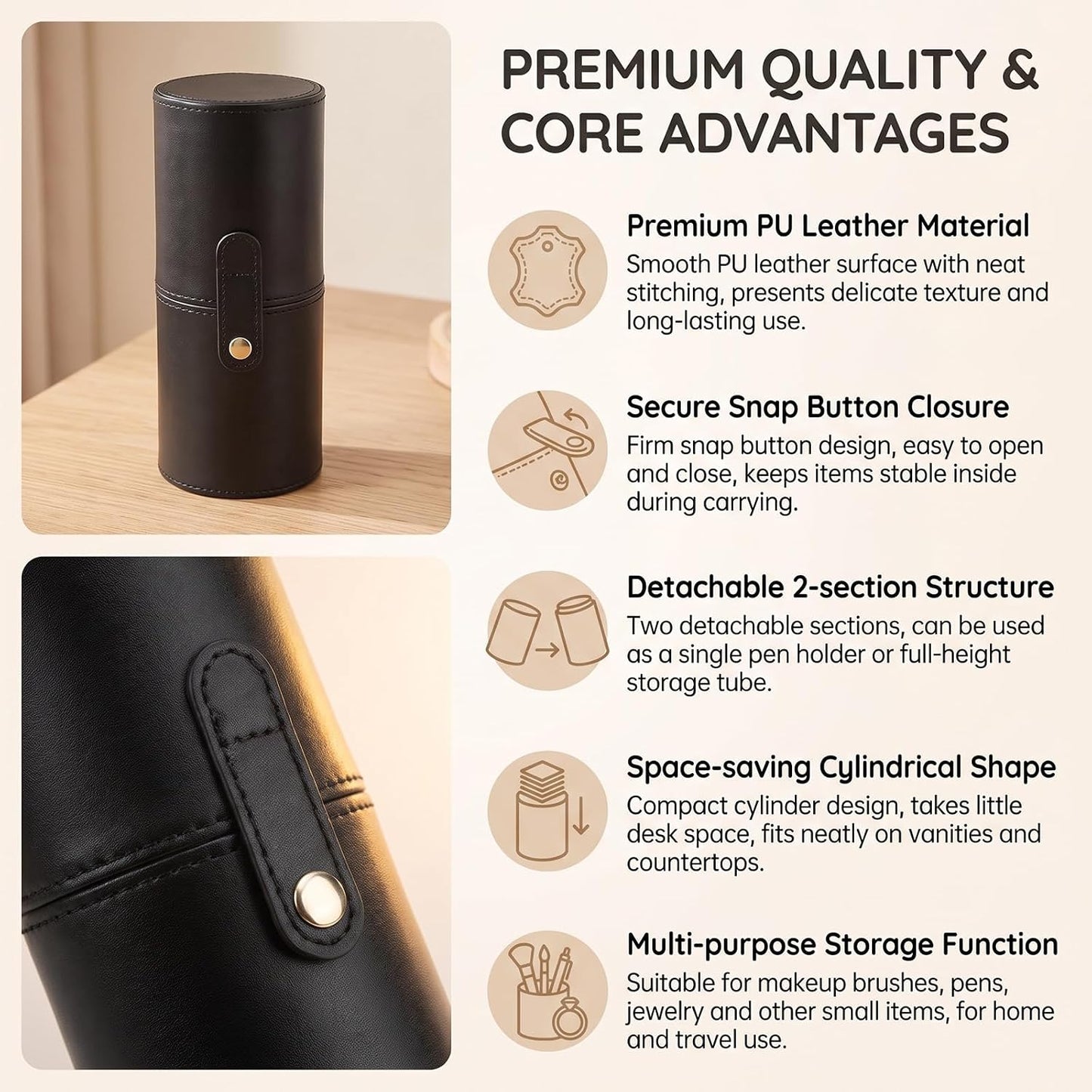 erioctry Black Makeup Brush Case Holder Portable PU Leather Cosmetic Brush Organizer & Storage Roll-up Case for Travel 23 x 8 cm with Snap Closure