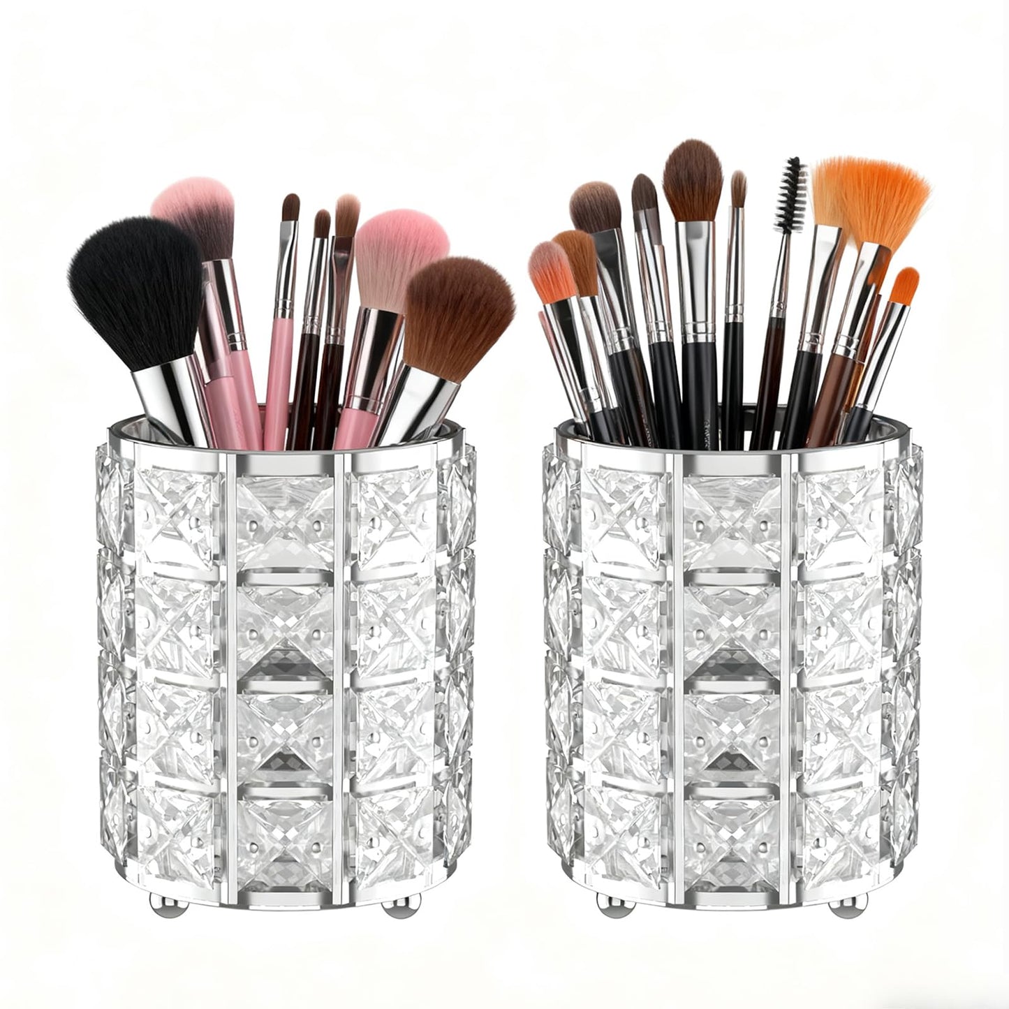 LUGUNU Makeup Brush Holder with Silver Crystal Bling – Elegant Vanity Organizer for Brushes, Pens & Pencils, Ideal for Bathroom or Office Countertop(1Pack)