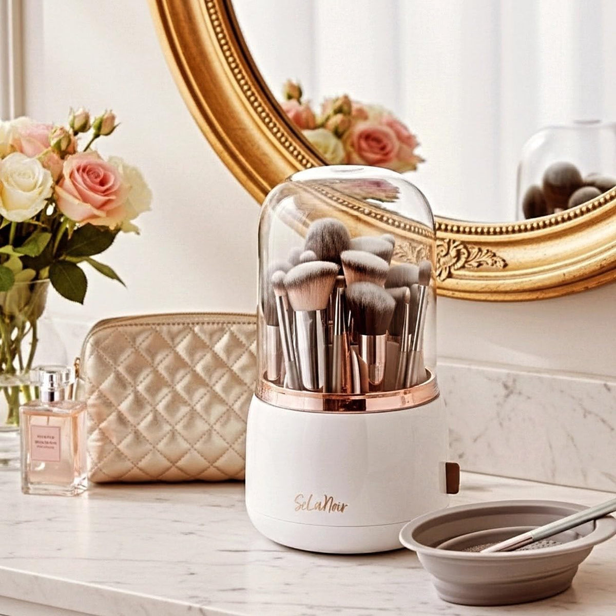Rotating Makeup Brush Holder with Lid Dustproof Vanity Organizer for Makeup Brushes, Bonus Foldable Makeup Brush Cleaner Bowl Included