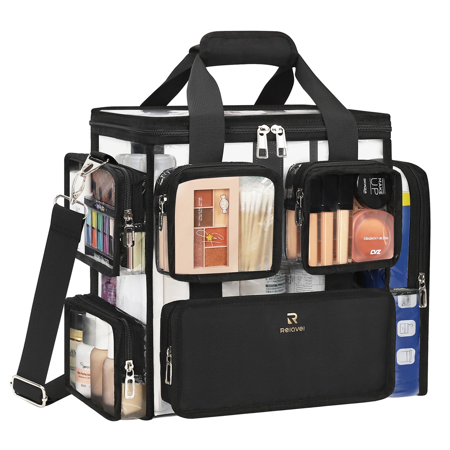 Relavel Clear Makeup Bag Extra Large Makeup Artist Kit Set, Cosmetic Storage Organizer Hair Stylist Traveling Bag, Transparent Tote Duffle Beach Toiletry Bag with Adjustable Dividers & Shoulder Strap