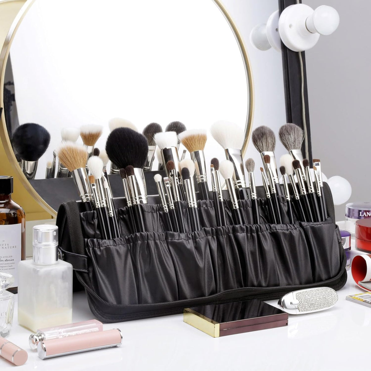 Rownyeon Professional Makeup Brushes Organizer Bag Makeup Artist Cosmetic Case Leather Handbag Black Travel Portable(Only Bag)