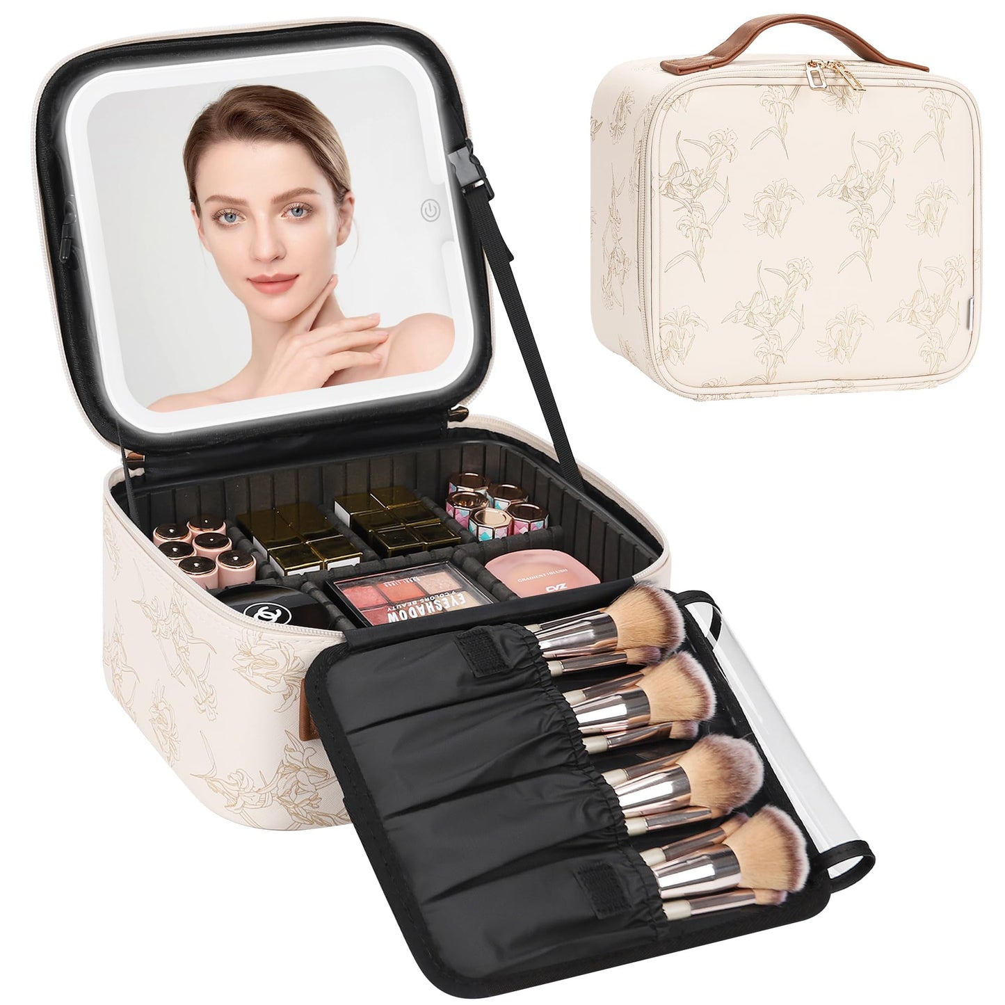 Relavel Travel Makeup Bag With LED Mirror, Cosmetic Train Case with Light up Mirror, Portable Makeup Artist Organizer Bag with Adjustable Dividers, Makeup Brush Holder Storage, Black