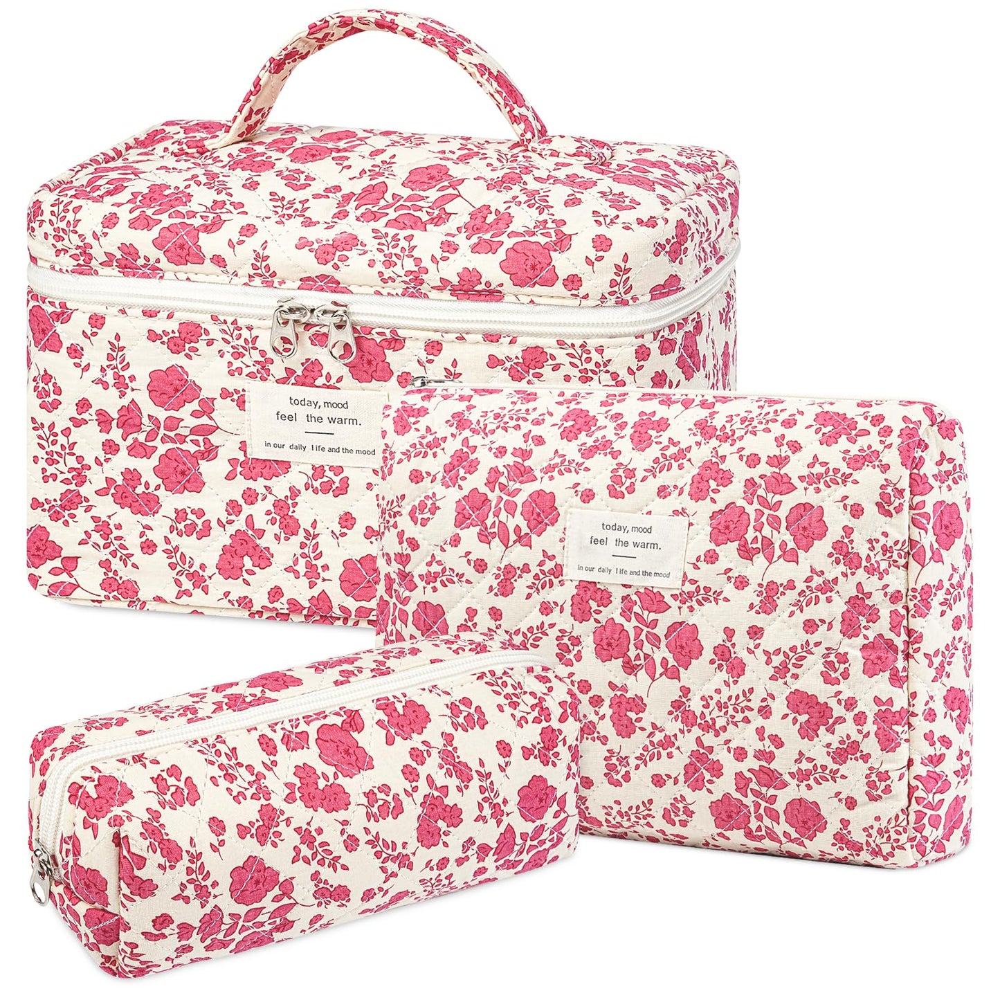 senbowe Floral Makeup Bag, 3 Pack Large Cotton Quilted Makeup Bag Set, Cute Floral Coquette Aesthetic Toiletry Bag Make Up Cosmetic Bag for Women, Toiletry Travel Make Up Organizer Bag