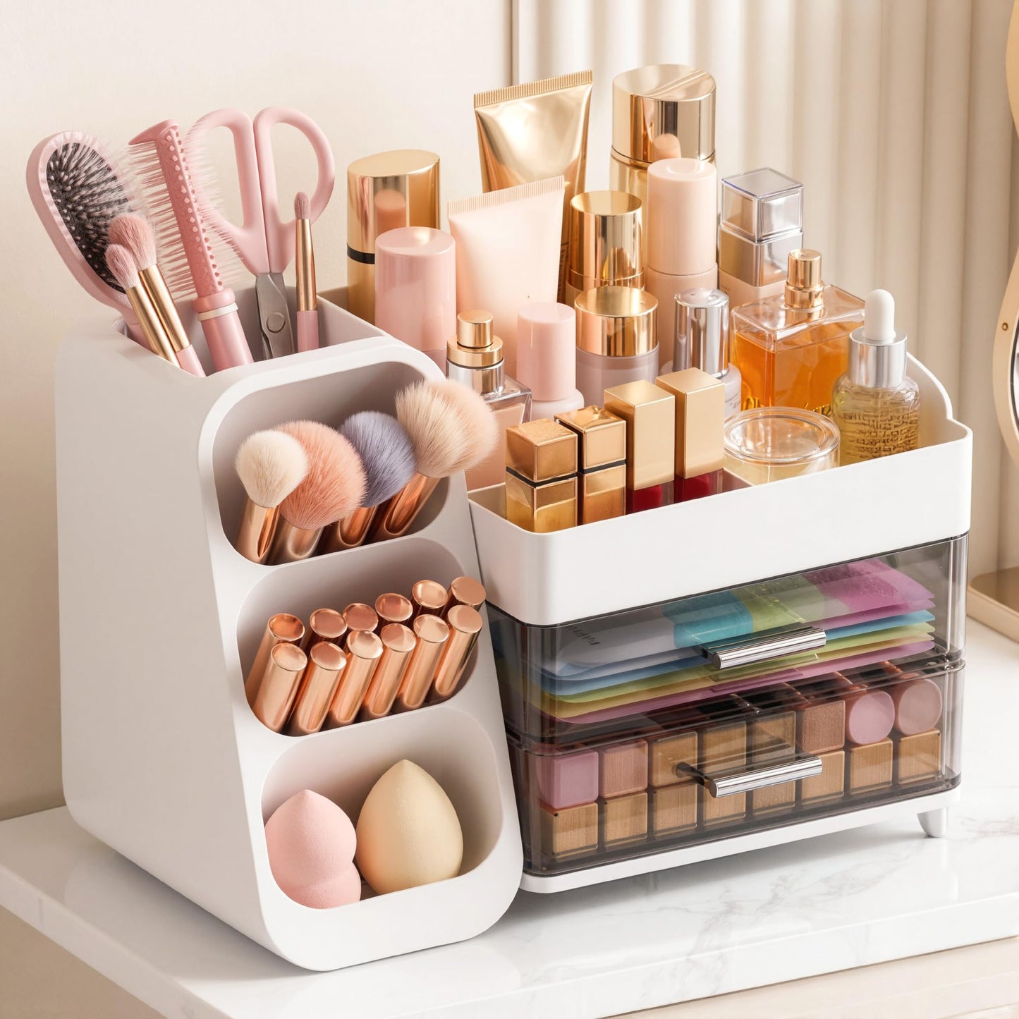 Large Capacity Makeup Organizer Countertop with Makeup Brush Holder for Vanity, Thickened Material, Bathroom Countertop Organizer Skin Care Perfumes Storage, Teen Girl Gifts for 12-23 Year(white)