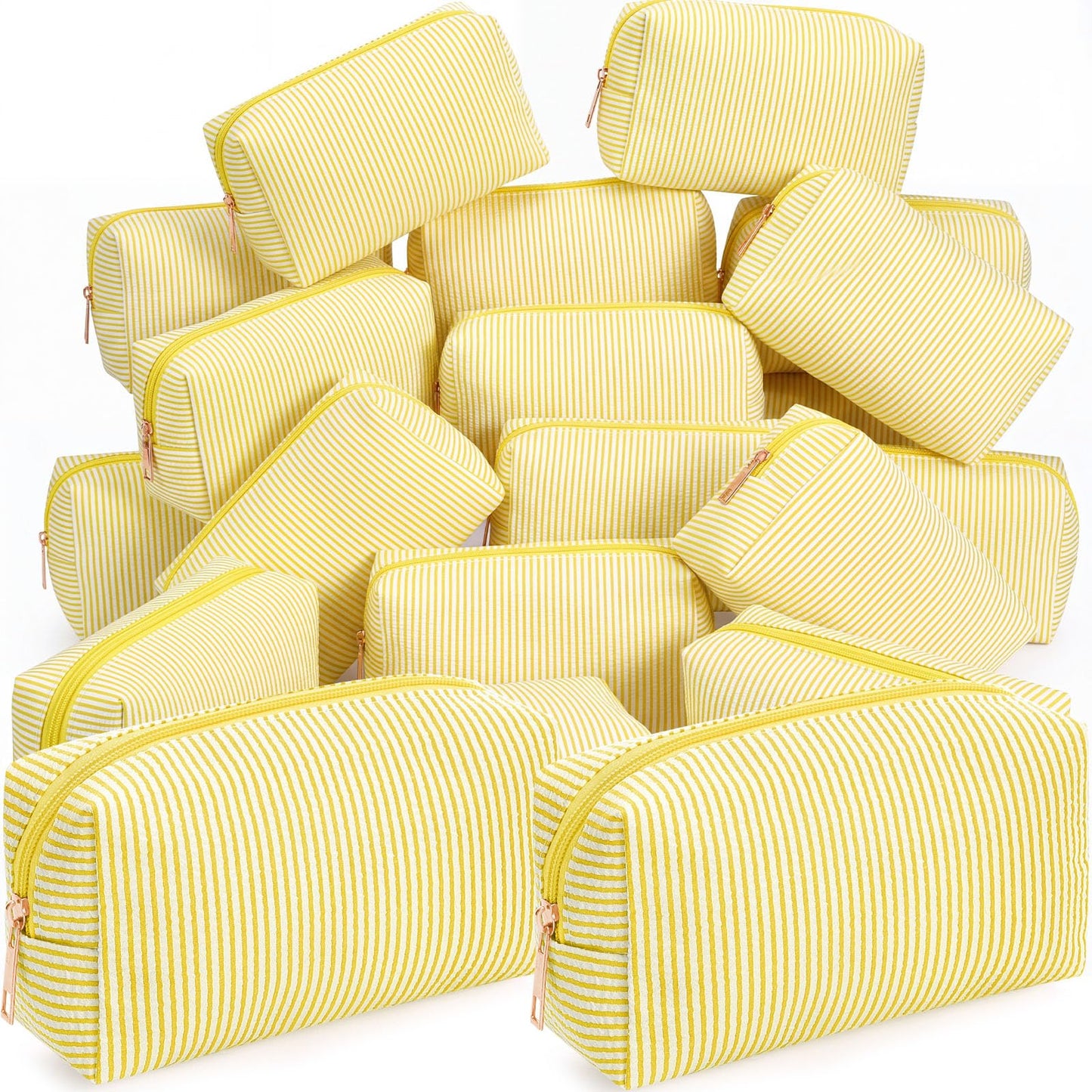 Sanwuta 6 Pcs Seersucker Cosmetic Bags Bulk, Striped Zippered,Khaki
