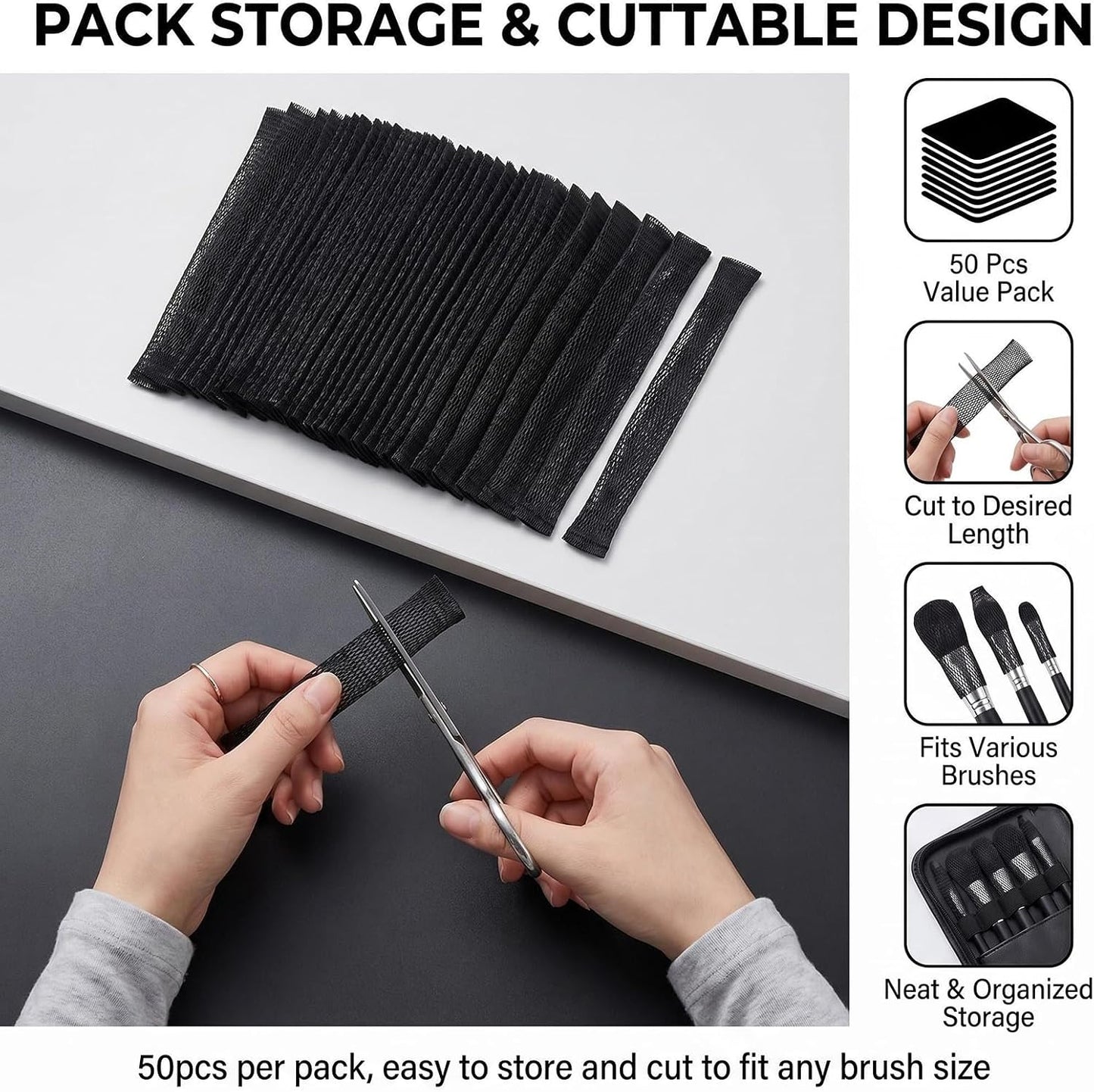 VASANA 50Pcs 12cm/4.7inch Length Black Plastic Mesh Makeup Brush Protector Expandable Mesh Sleeve Covers Cosmetic Beauty Brush Net Guard for Storage Travel (Not include Brushes)