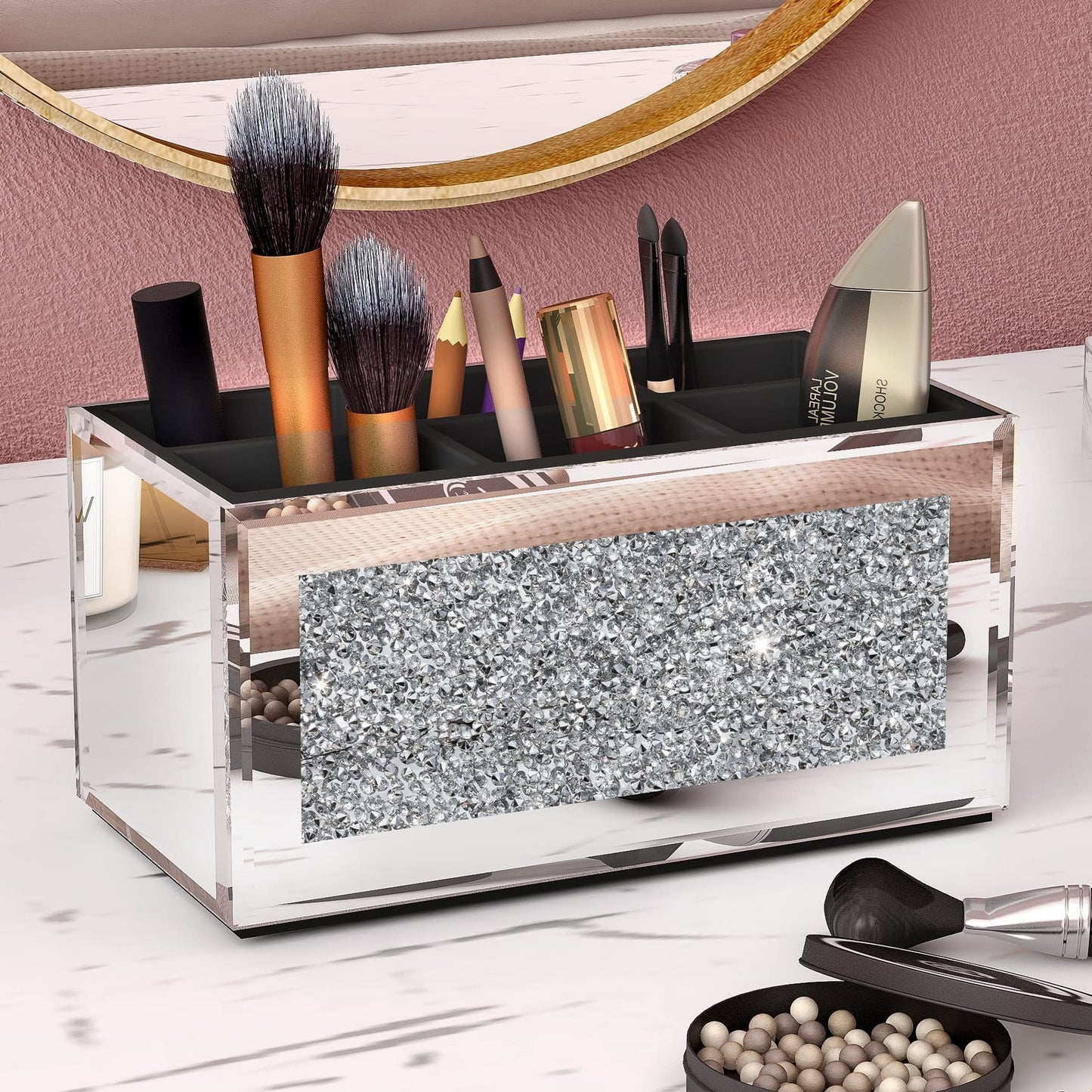 SHYFOY Mirrored Makeup Brush Holder Organizer with Crushed Diamond, 3 Slots