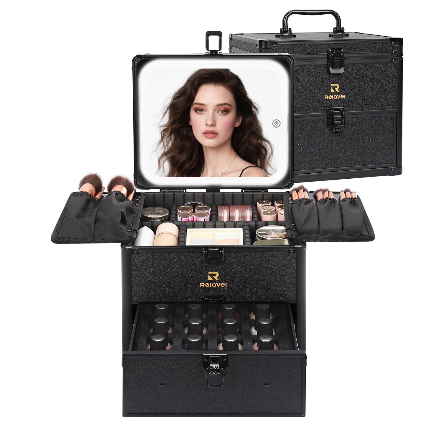 Relavel Makeup Bag with LED Mirror, Makeup Box Travel Train Case with Rechargeable Lighted Mirror & Adjustable Dividers, Cosmetic Brush Organizer Storage for Makeup Artists Gifts for Women and Girls
