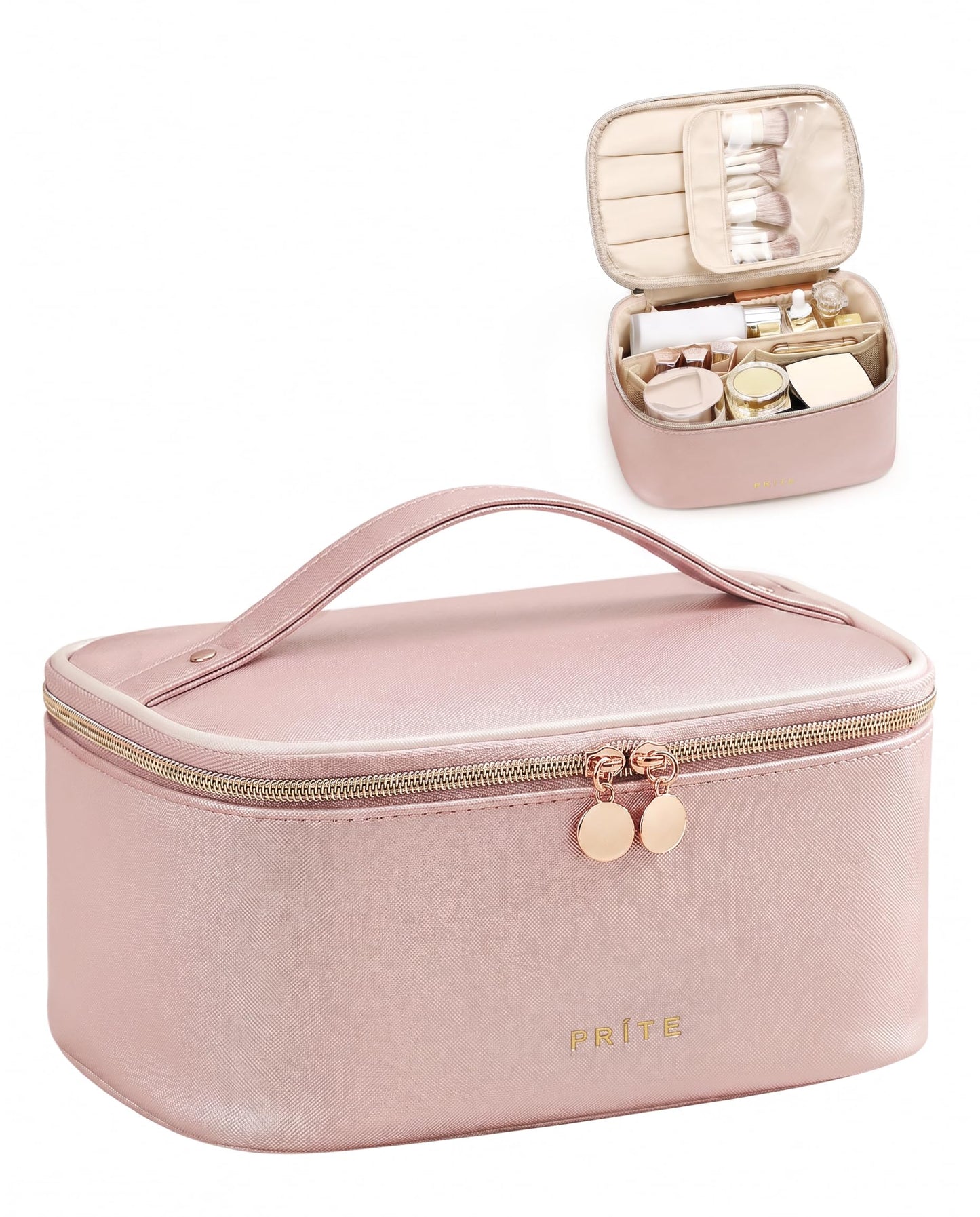 Prite Makeup Bag Travel Cosmetic Case, Women Toiletry Bag Organizer, Beige