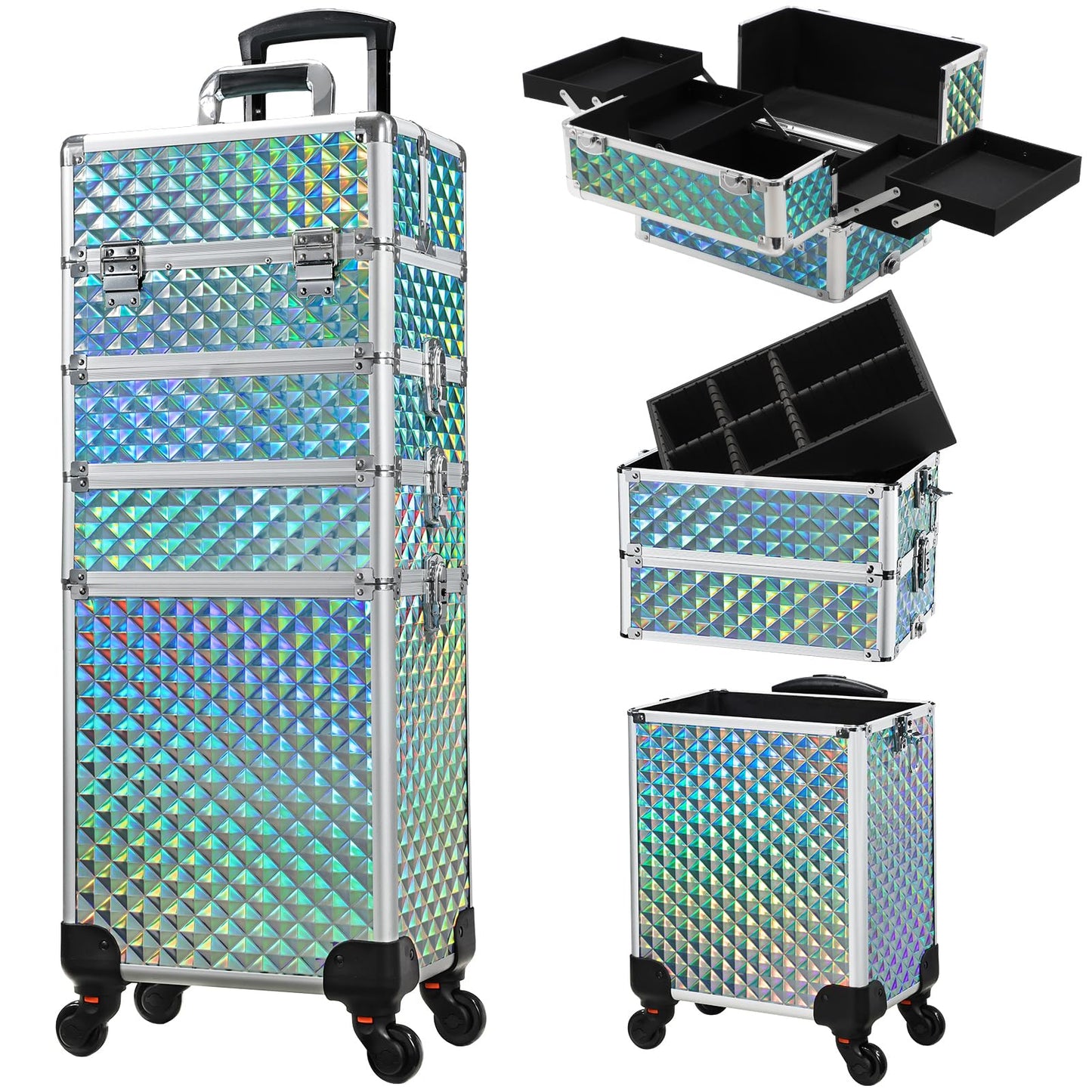 Stagiant Rolling Makeup Case Cosmetology Case on Wheels 4 in 1 Large Cosmetic Organizer Train Case Makeup Travel Case with Key Swivel Wheels Nail Artist Salon Storage Traveling Cart Trunk Black