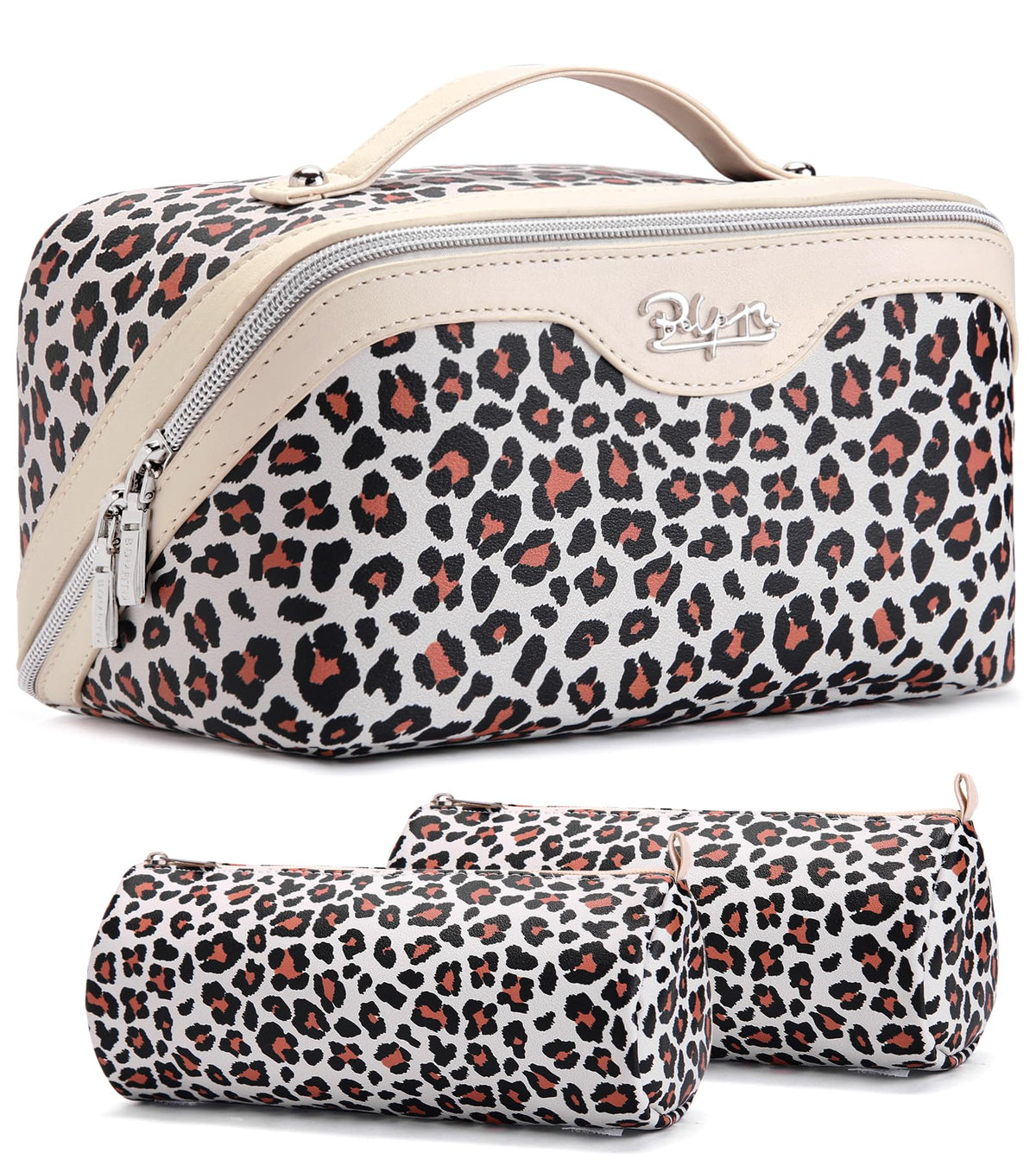 BOYATU Travel Makeup Bags Cosmetic Organizer Bag: Floral Make up Bag | 3 Pcs Set Large Capacity Makeup Bag with Compartments - Waterproof Leather Toiletry Bags with Handle for Women (Blue)