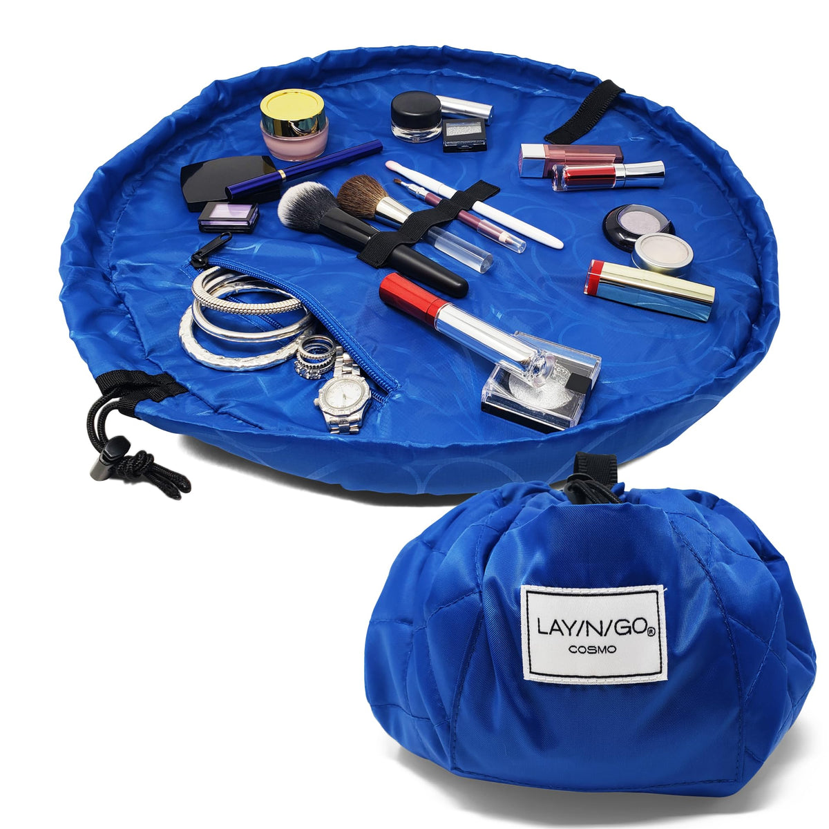 Lay-n-Go Cosmo Layflat Drawstring Cosmetic & Makeup Bag Organizer w/Zipper Pocket, Brush Loops & More, Cinch to Close, Lay Flat to Use, Durable, Machine Wash, Travel Toiletry Bag (20", Dogs)