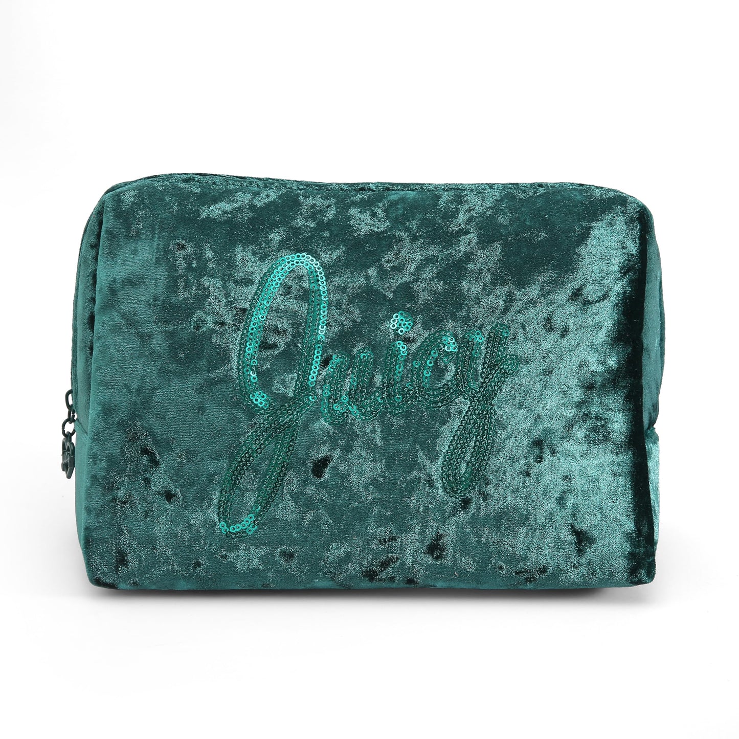 Juicy Couture Green Makeup Bag Cosmetics Organizer Travel Essentials Zip Top Wedge Crushed Velvet Sequin Logo