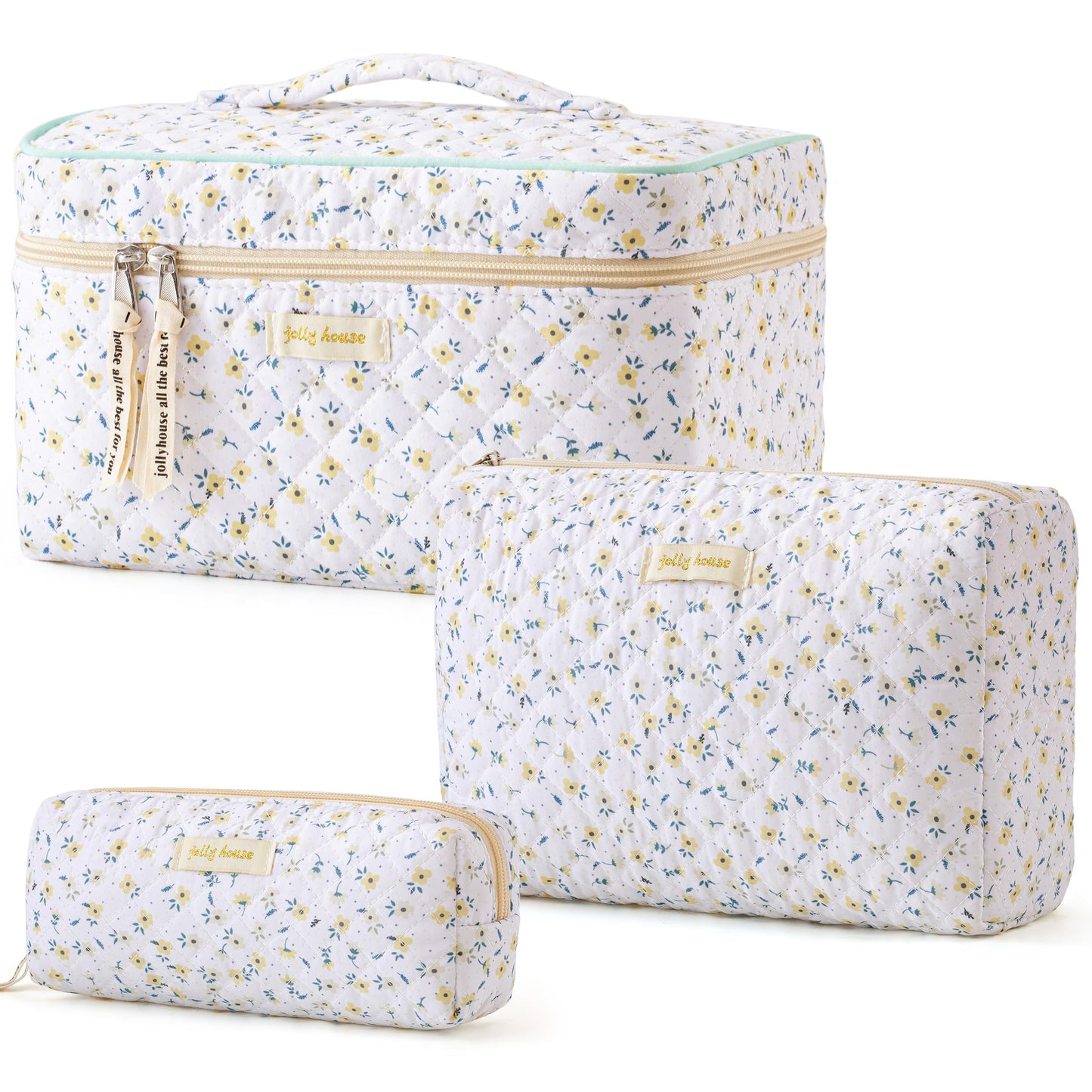 HBselect Quilted Makeup Bag, 3Pcs Cotton Large Travel Makeup Bags Organizer