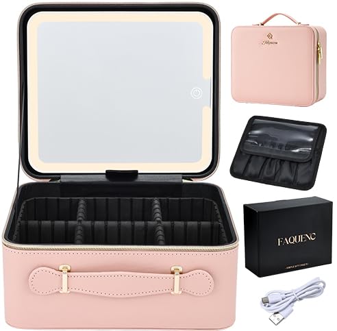 Faquenc Leather Makeup Case with LED Lighted Mirror 11.4 Inch Travel Makeup Bag Adjustable Brightness in 3 Colors Cosmetic Organizer Artist Storage Bag with Dividers Brush Holder Bag Vanity White