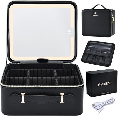 Faquenc Leather Makeup Case with LED Lighted Mirror 11.4 Inch Travel Makeup Bag Adjustable Brightness in 3 Colors Cosmetic Organizer Artist Storage Bag with Dividers Brush Holder Bag Vanity White