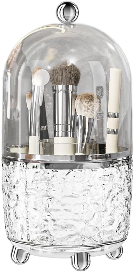 Makeup Brush Holder with Lid, 360° Rotating Makeup Brush Holder for Vanity, Dustproof Spinning Makeup Brush Organizer with Lid for Bathroom Countertop, Cosmetic Tools Organizer with Cover (Clear)