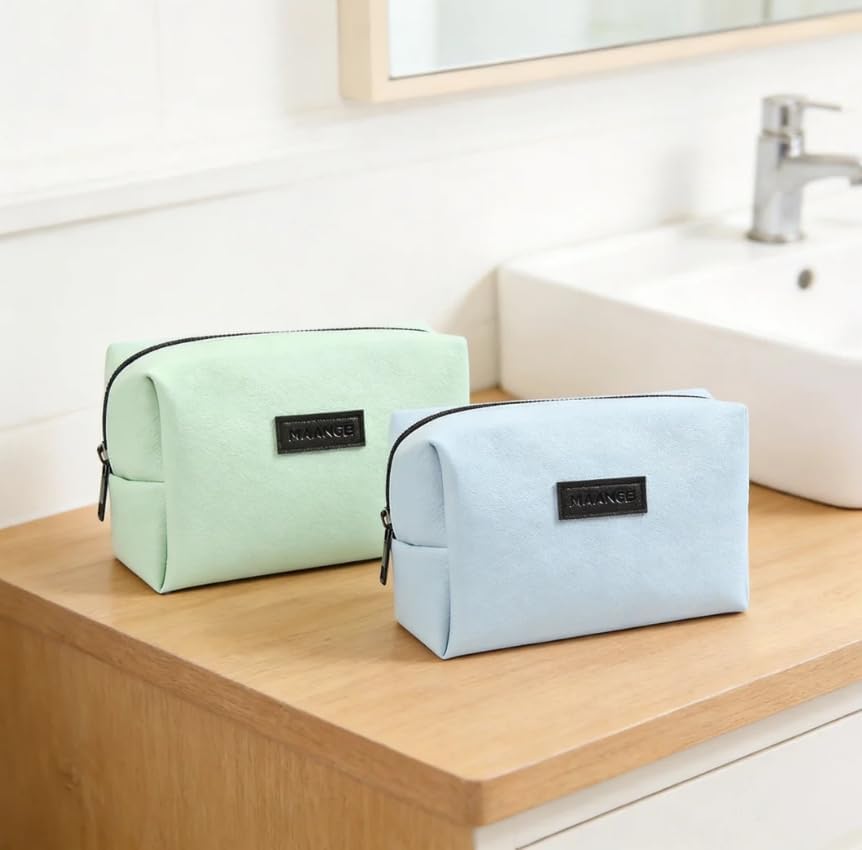 MAANGE 2 Pcs Small Makeup Bag For Purse, Travel Cosmetic Bag Makeup Pouch PU Leather Portable Versatile Zipper Pouch For Women (Blue+Green)