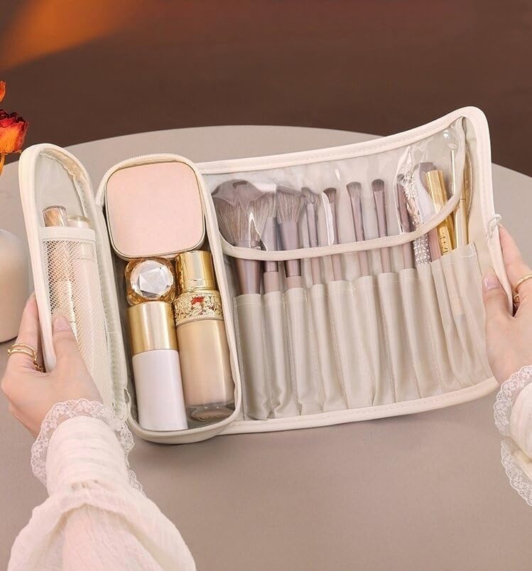 Luxury Leather Makeup Brush Case, Professional Cosmetic Organizer Roll Bag, Travel Storage for Home and Work (brown)
