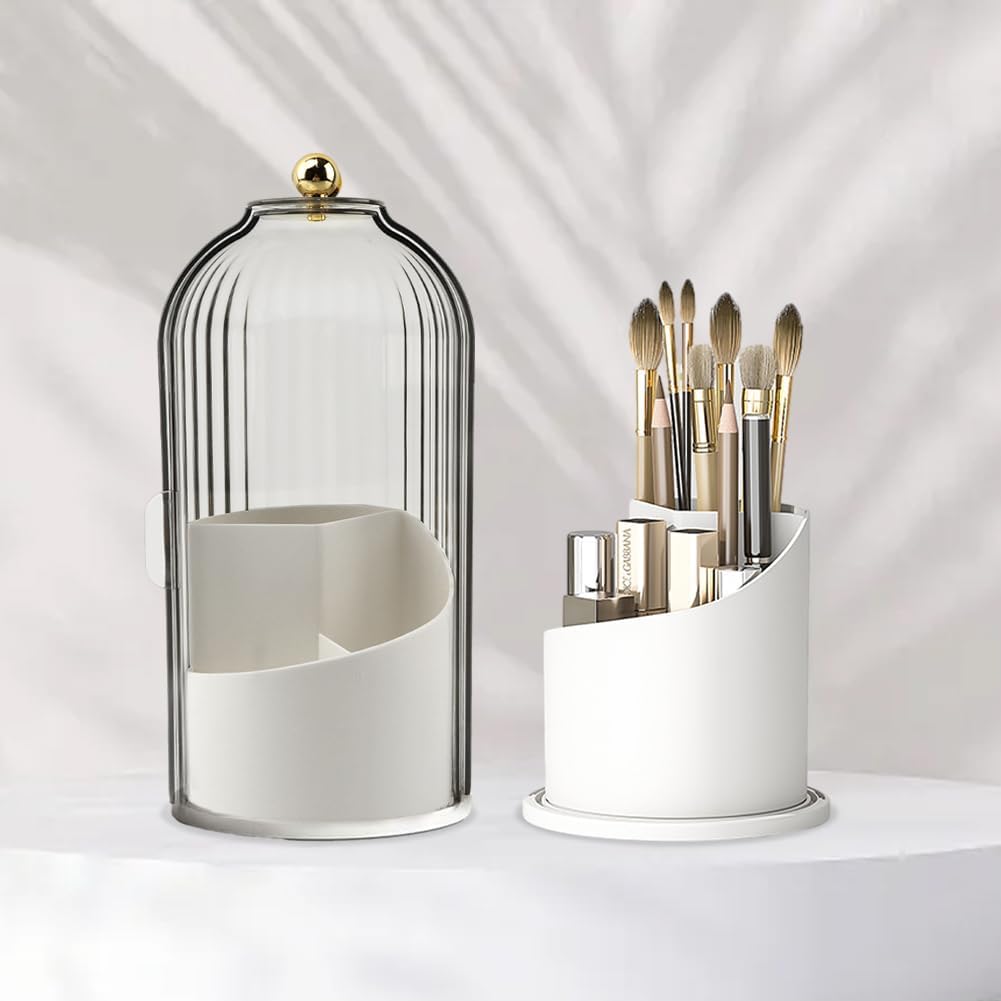 Makeup Brush Holder with Lid, 360 Rotating Sliding Opening Cosmetic Tools Organizer, Waterproof Dustproof Makeup Brush Organizer for Vanity Desktop Bathroom Countertop(COLOR:White And Clear)