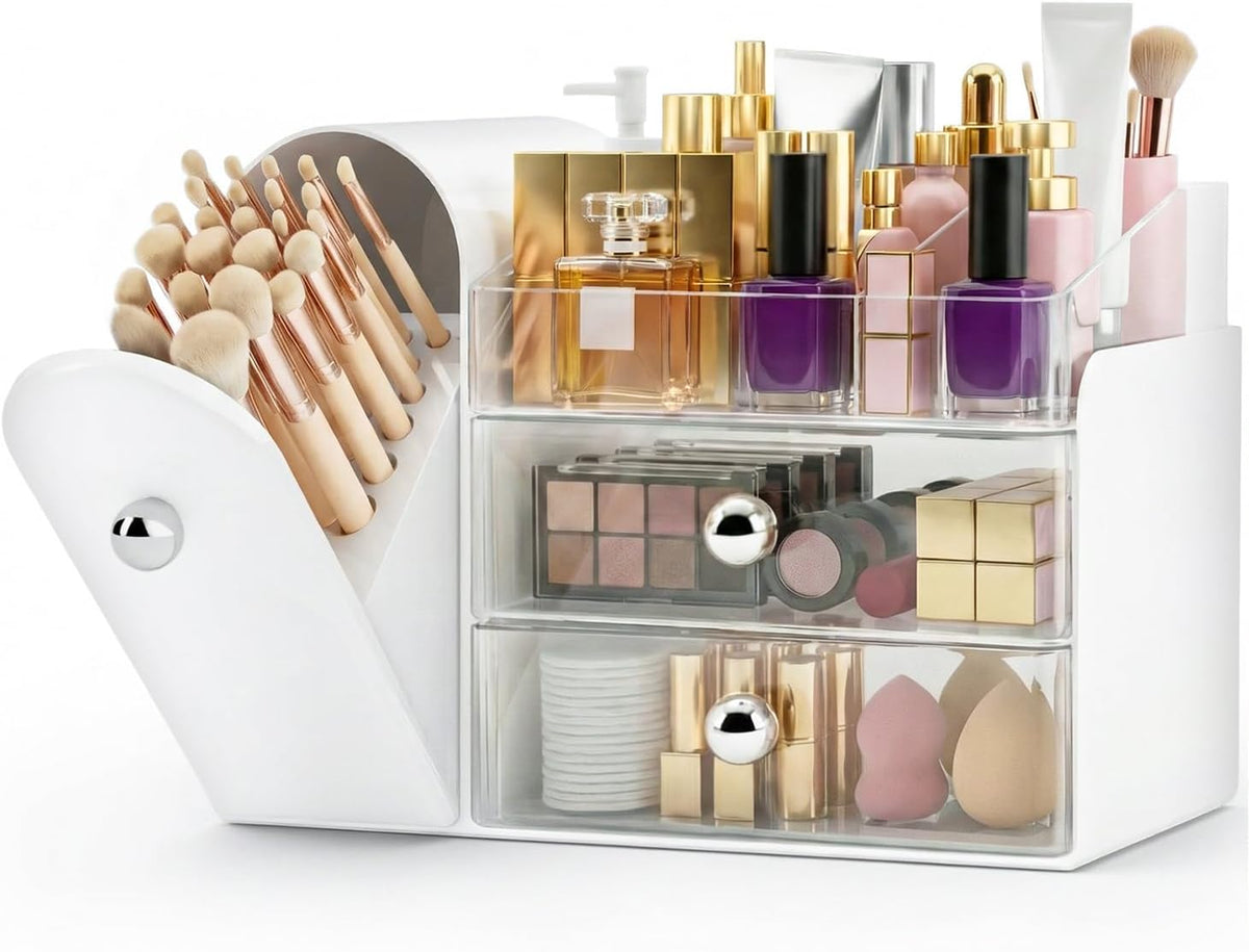 Makeup Organizer Countertop with Makeup Brush Holder,White