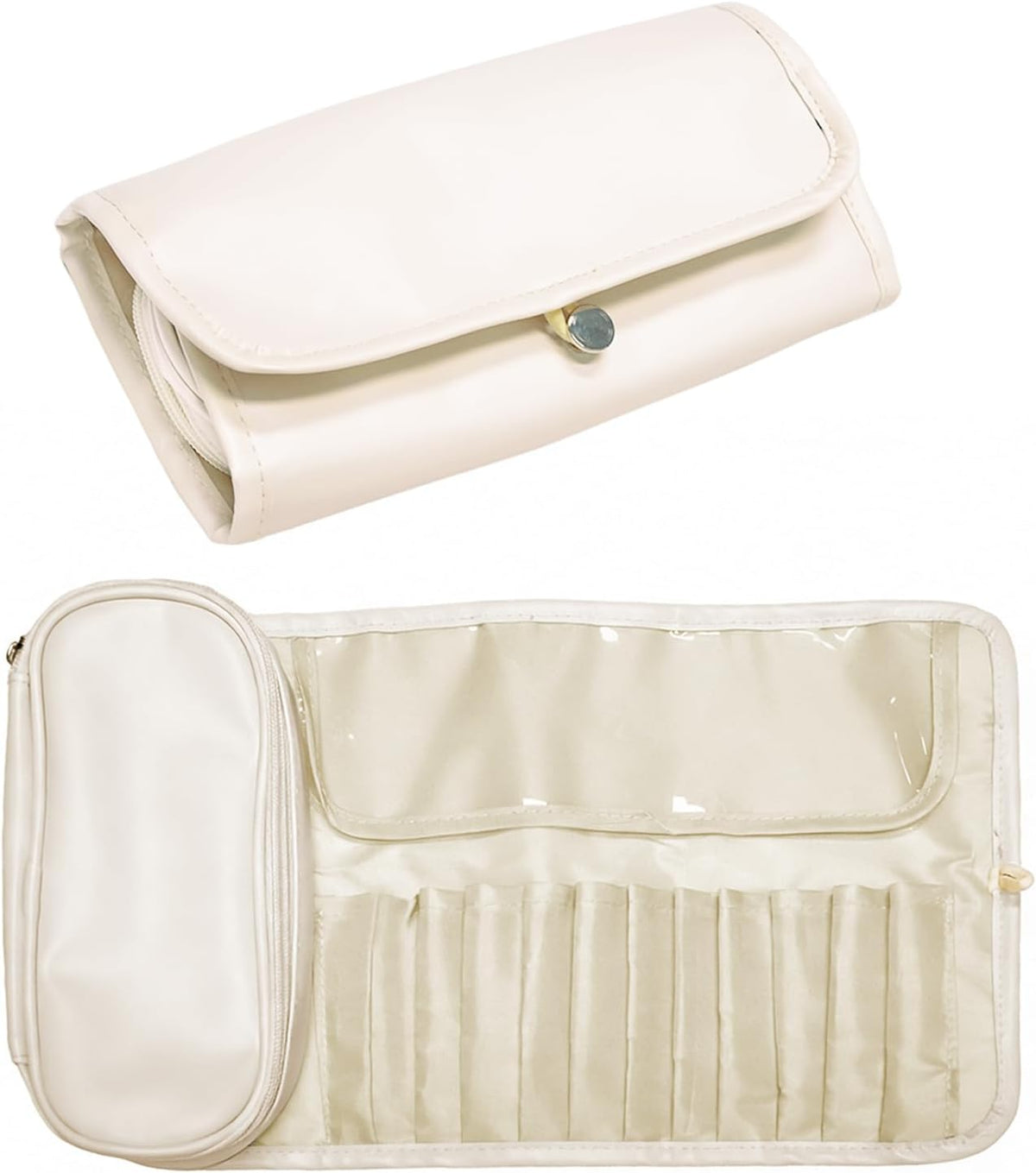 Folding Makeup Brush Bag with Separate Compartment,Rollup & Open Flat(white
