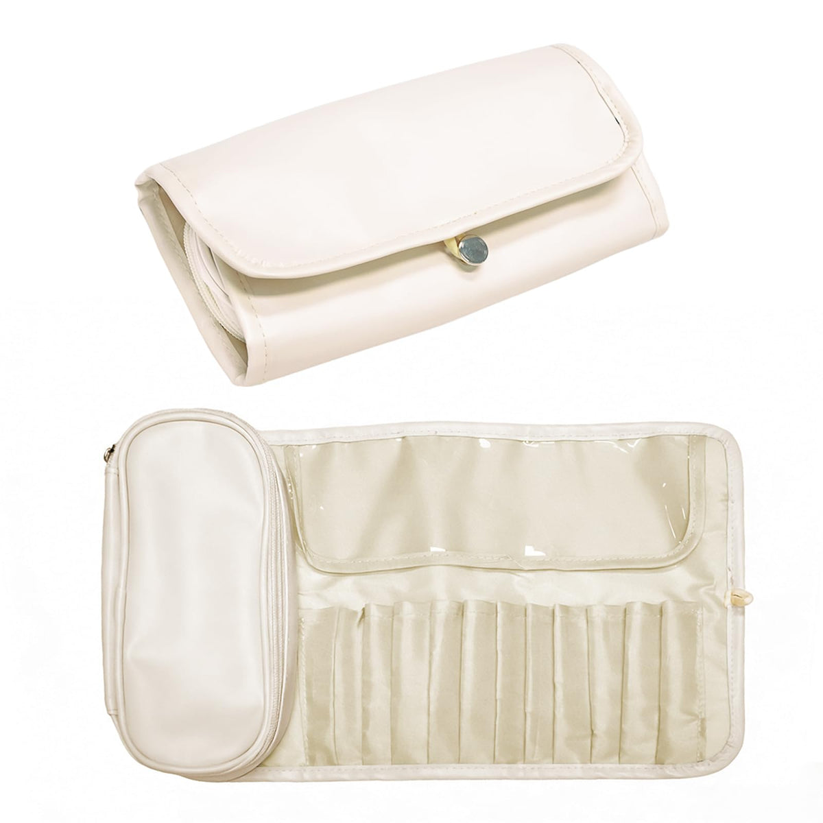 Folding Makeup Brush Bag with Separate Compartment,Rollup & Open Flat(white