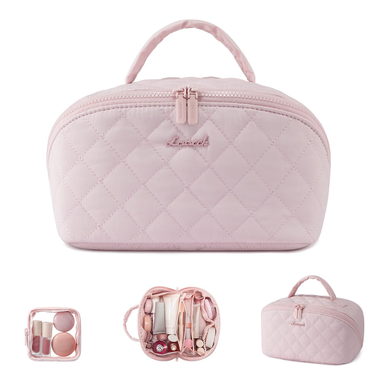 LOVEVOOK Travel Makeup Bag for Women, 2Pcs Puffer Waterproof Cosmetic Organizer, Large Capacity Pouch Open Flat Small Toiletry Bag with Brush Compartment & Handle (Pink, Medium)