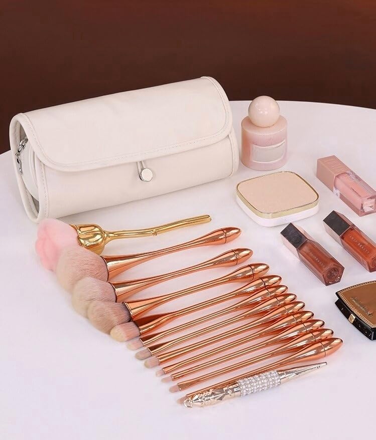 Luxury Leather Makeup Brush Case, Professional Cosmetic Organizer Roll Bag, Travel Storage for Home and Work (brown)