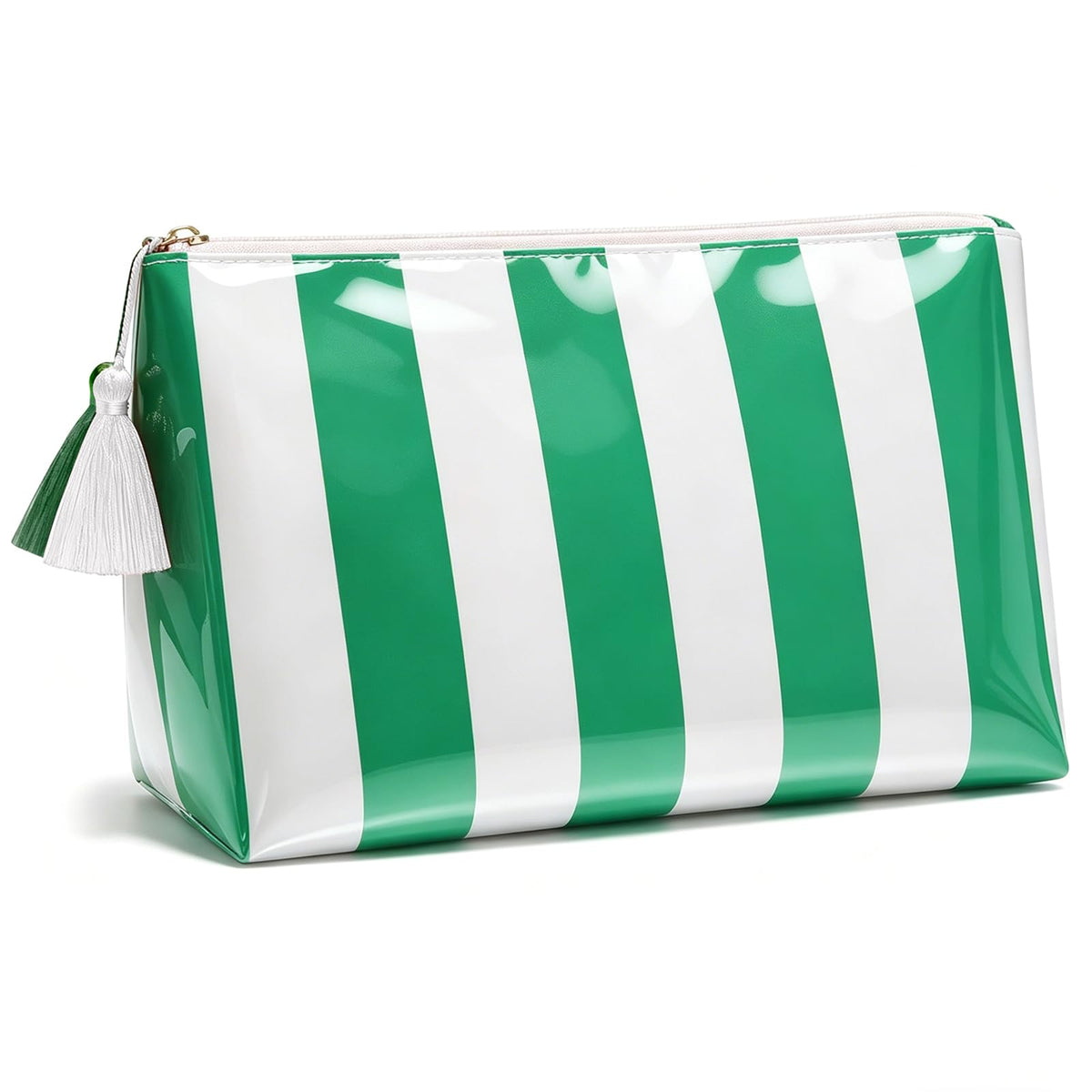 Preppy Stripe Clear Travel Makeup Bag, Waterproof Glossy PVC Cosmetic Organizer with Handle, Large Capacity Toiletry Bag for Women,Travel Organizer Zipper Pouch Beach Vacation Essentials (Pink White)
