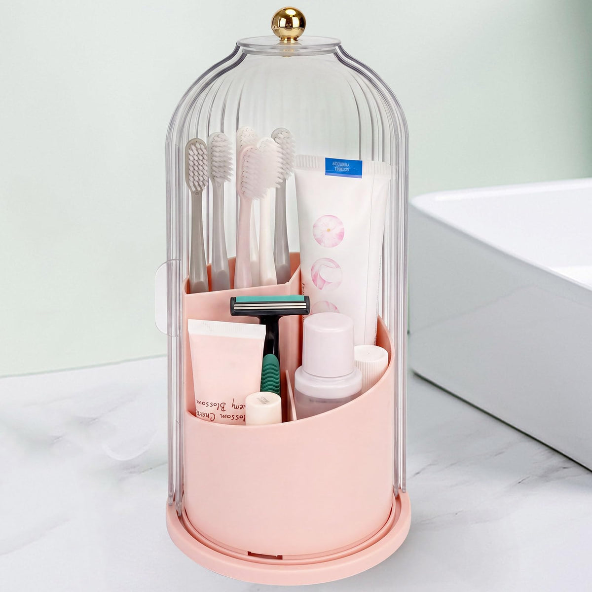 QIYVLOS Toothbrush Holders with Sliding Lid, Rotating 3 Slots Bathroom Organizer Countertop, Tooth Brush Toothpaste Holder Bathroom Counter Stand Sink Organizer Caddy for Vanity Makeup Brushes Holder