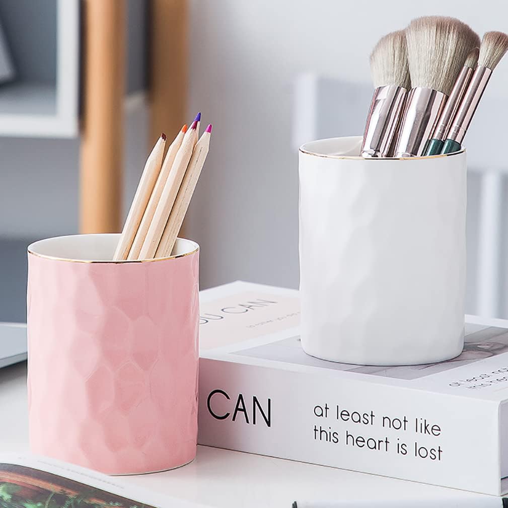 Ceramic Pen Holder Stand Cup Pencil Holder Organizer Makeup Brush Holders for Home Office Desk (White)