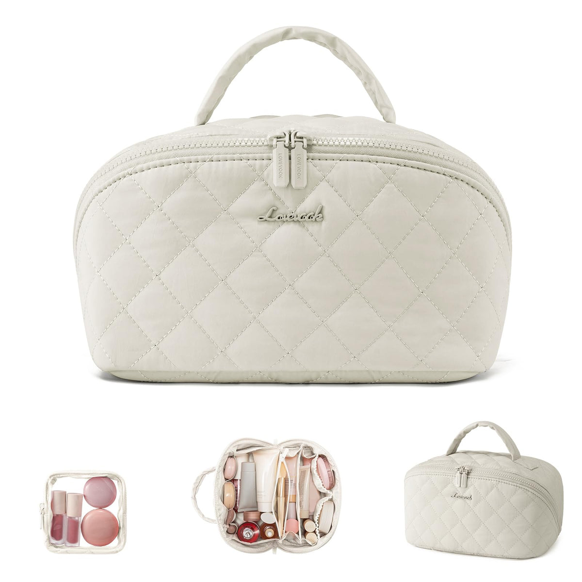 LOVEVOOK Travel Makeup Bag for Women, 2Pcs Puffer Waterproof Cosmetic Organizer, Large Capacity Pouch Open Flat Small Toiletry Bag with Brush Compartment & Handle (Pink, Medium)