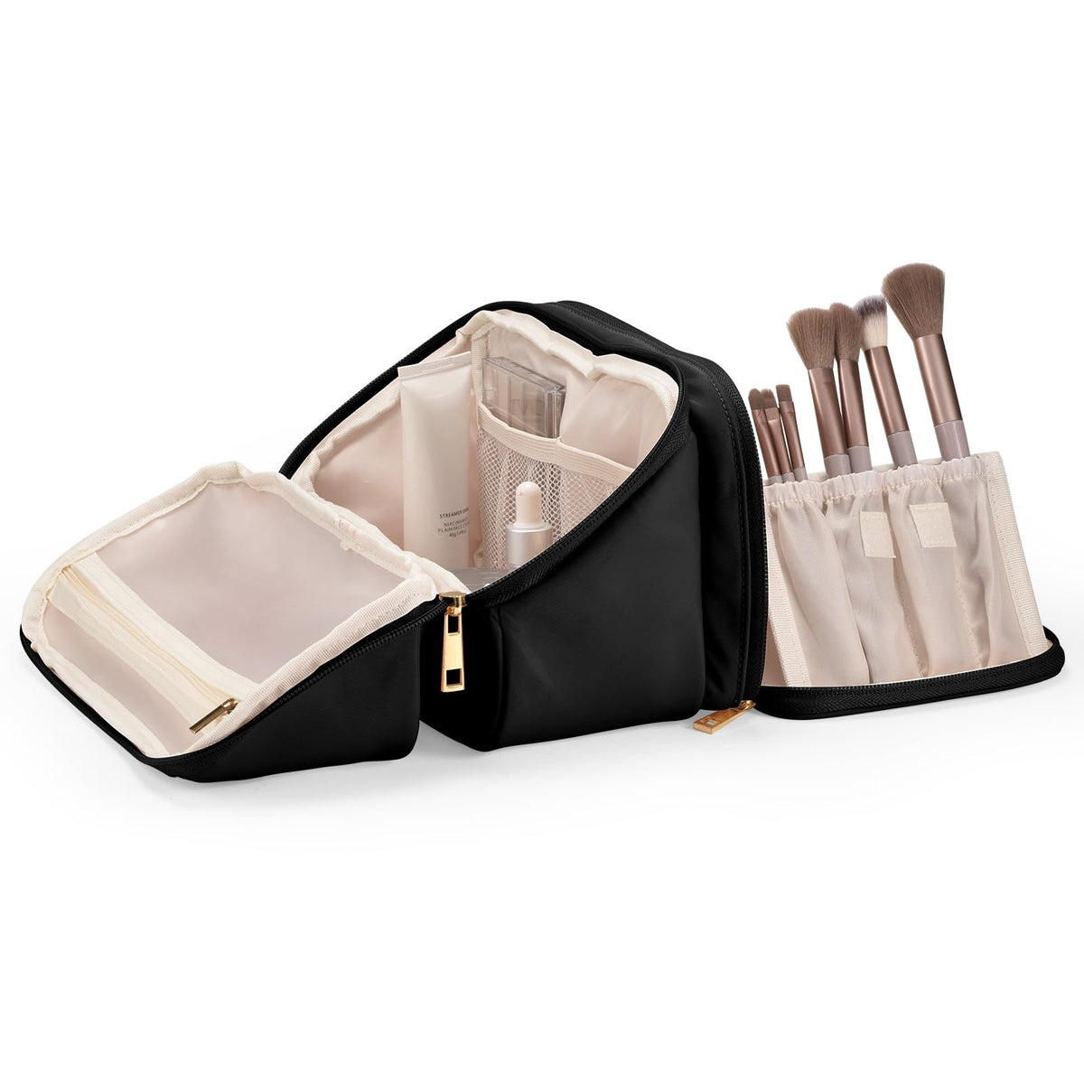 HauteHues Travel Makeup Bag for Women, Large Capacity Cosmetic Organizer & Toiletry Bag with Wide-Open Design, with Brush Holders & Compartments, Waterproof Case for Makeup & Skincare, Blue