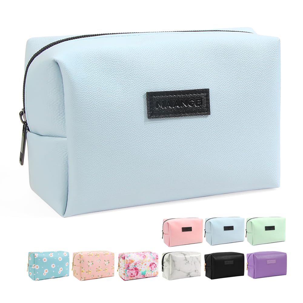 MAANGE 2 Pcs Small Makeup Bag For Purse, Travel Cosmetic Bag Makeup Pouch PU Leather Portable Versatile Zipper Pouch For Women (Blue+Green)