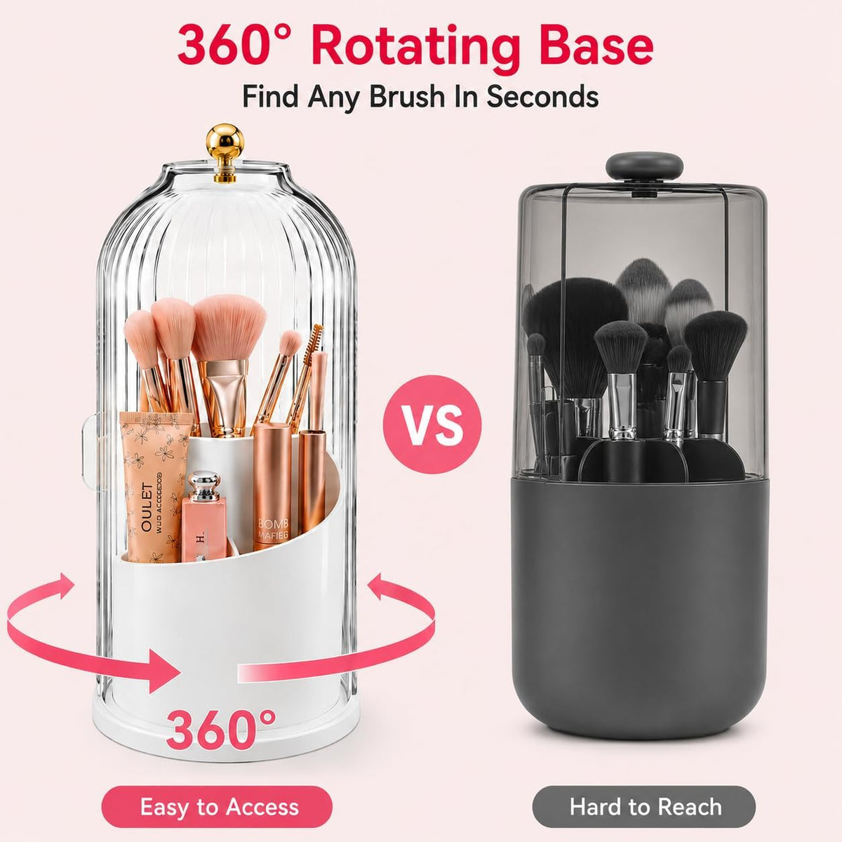 Makeup Brush Holder with 360° Rotating Base, Dustproof Cover
