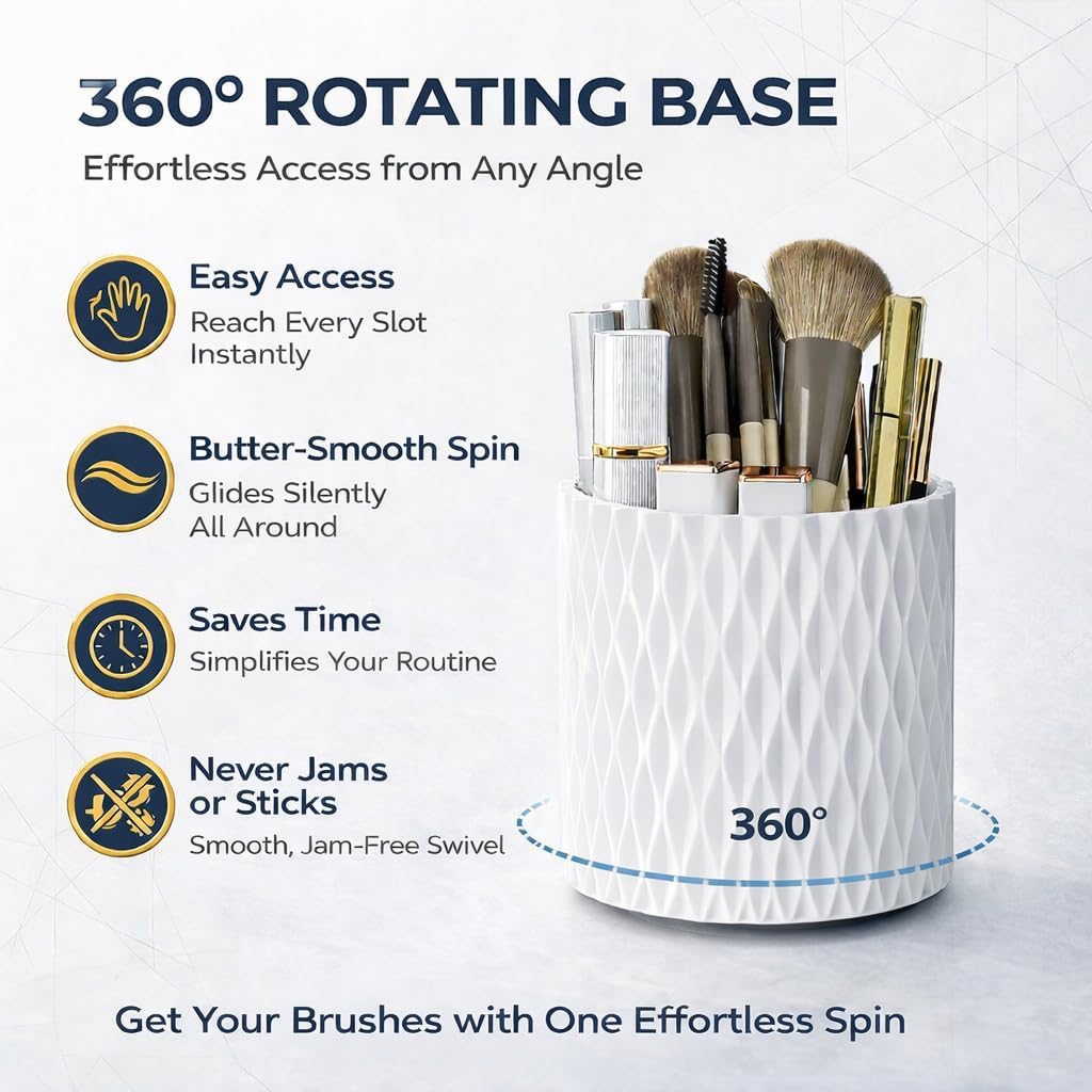 White Makeup Brush Holder, 360° Rotating Makeup Organizer