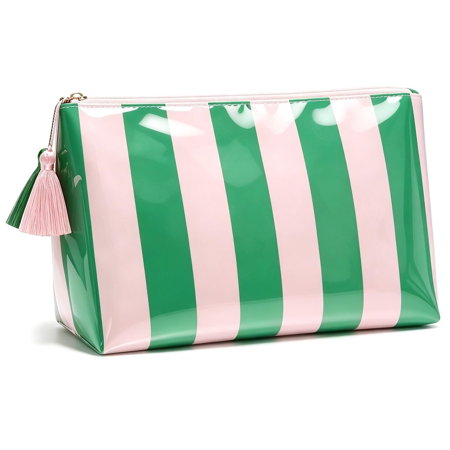 Preppy Stripe Clear Travel Makeup Bag, Waterproof Glossy PVC Cosmetic Organizer with Handle, Large Capacity Toiletry Bag for Women,Travel Organizer Zipper Pouch Beach Vacation Essentials (Pink White)