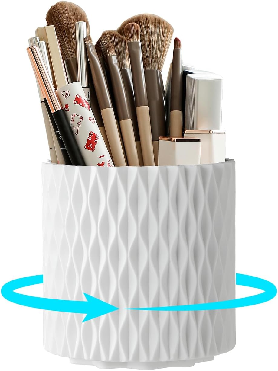 White Makeup Brush Holder, 360° Rotating Makeup Organizer