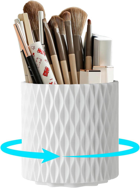 White Makeup Brush Holder, 360° Rotating Makeup Organizer
