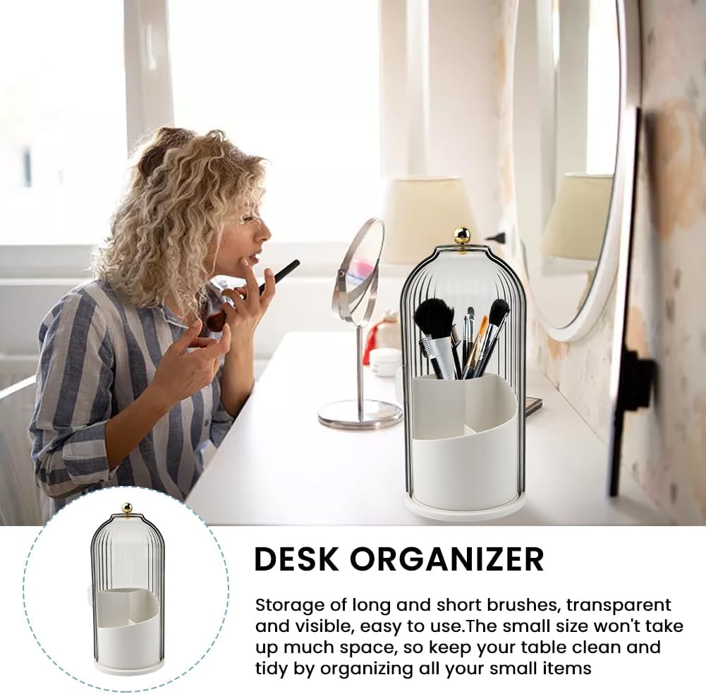 Makeup Brush Holder with Lid, 360 Rotating Sliding Opening Cosmetic Tools Organizer, Waterproof Dustproof Makeup Brush Organizer for Vanity Desktop Bathroom Countertop(COLOR:White And Clear)